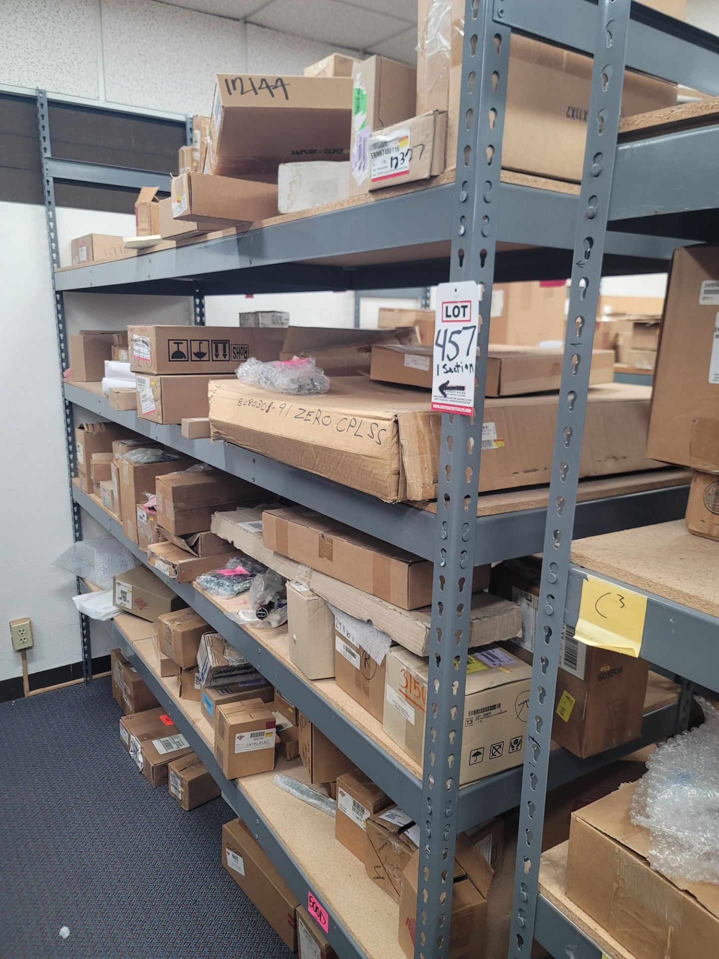 LOT - 8' SHELF UNIT W/ CONTENTS OF APPLIANCE REPLACEMENT PARTS