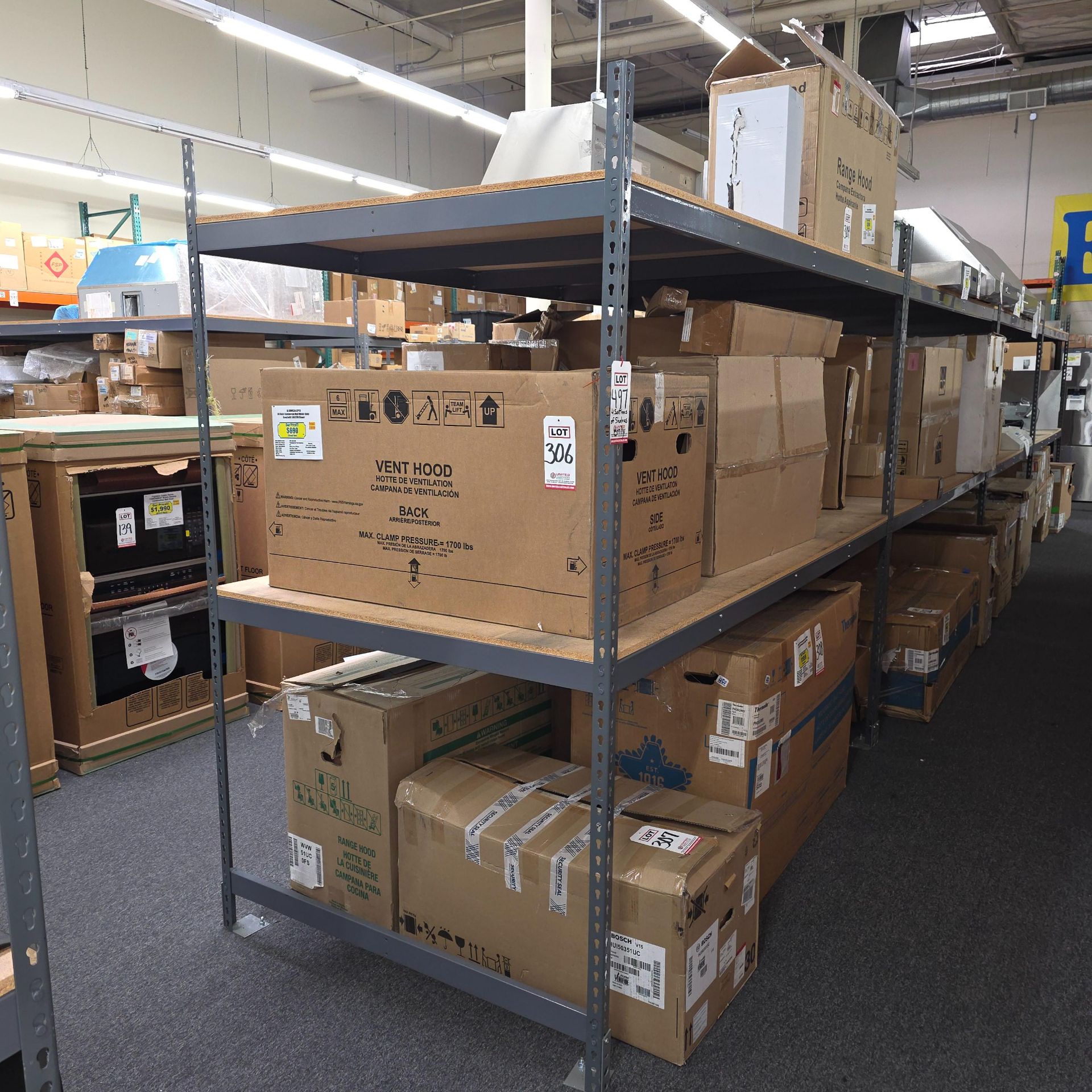 LOT - (4) SHELF UNITS, 8' X 4' X 7' HT, CONTENTS NOT INCLUDED, (DELAYED PICKUP UNTIL WEDNESDAY,