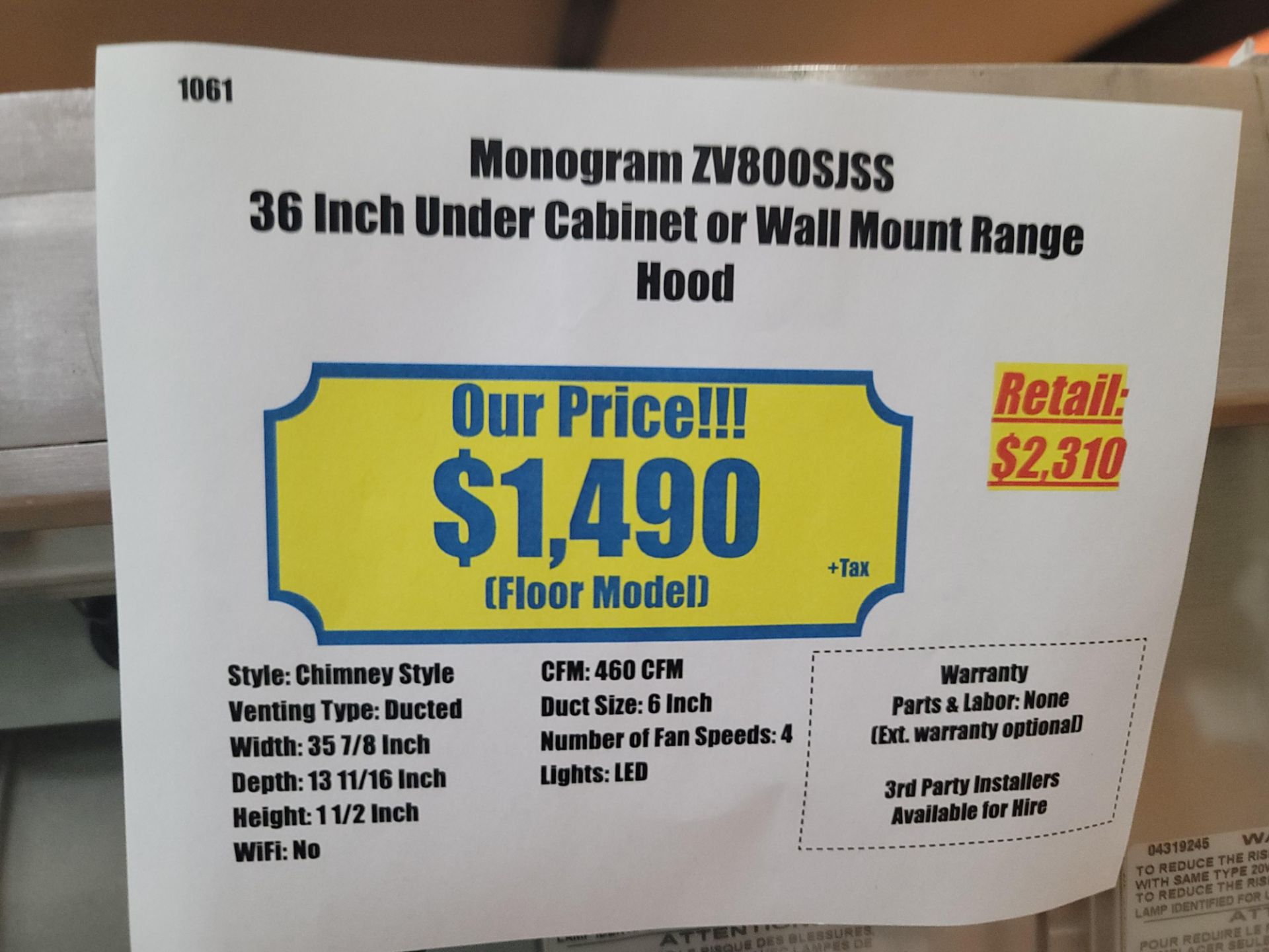 MONOGRAM 36" UNDER CABINET OR WALL MOUNT RANGE HOOD, MODEL ZV800SJSS - Image 3 of 3