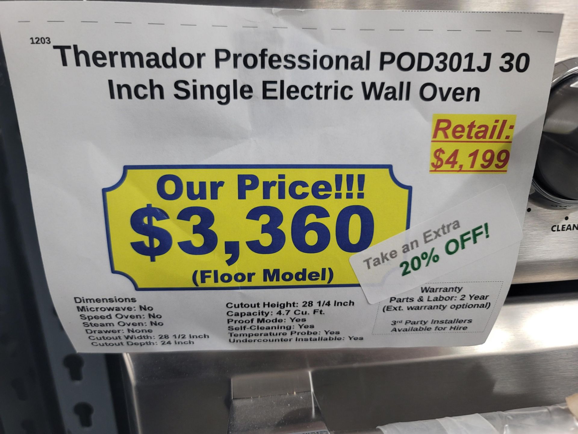 THERMADOR PROFESSIONAL 30" SINGLE ELECTRIC WALL OVEN W/ 4.7 CU. FT. CAPACITY IN STAINLESS STEEL, - Image 4 of 4