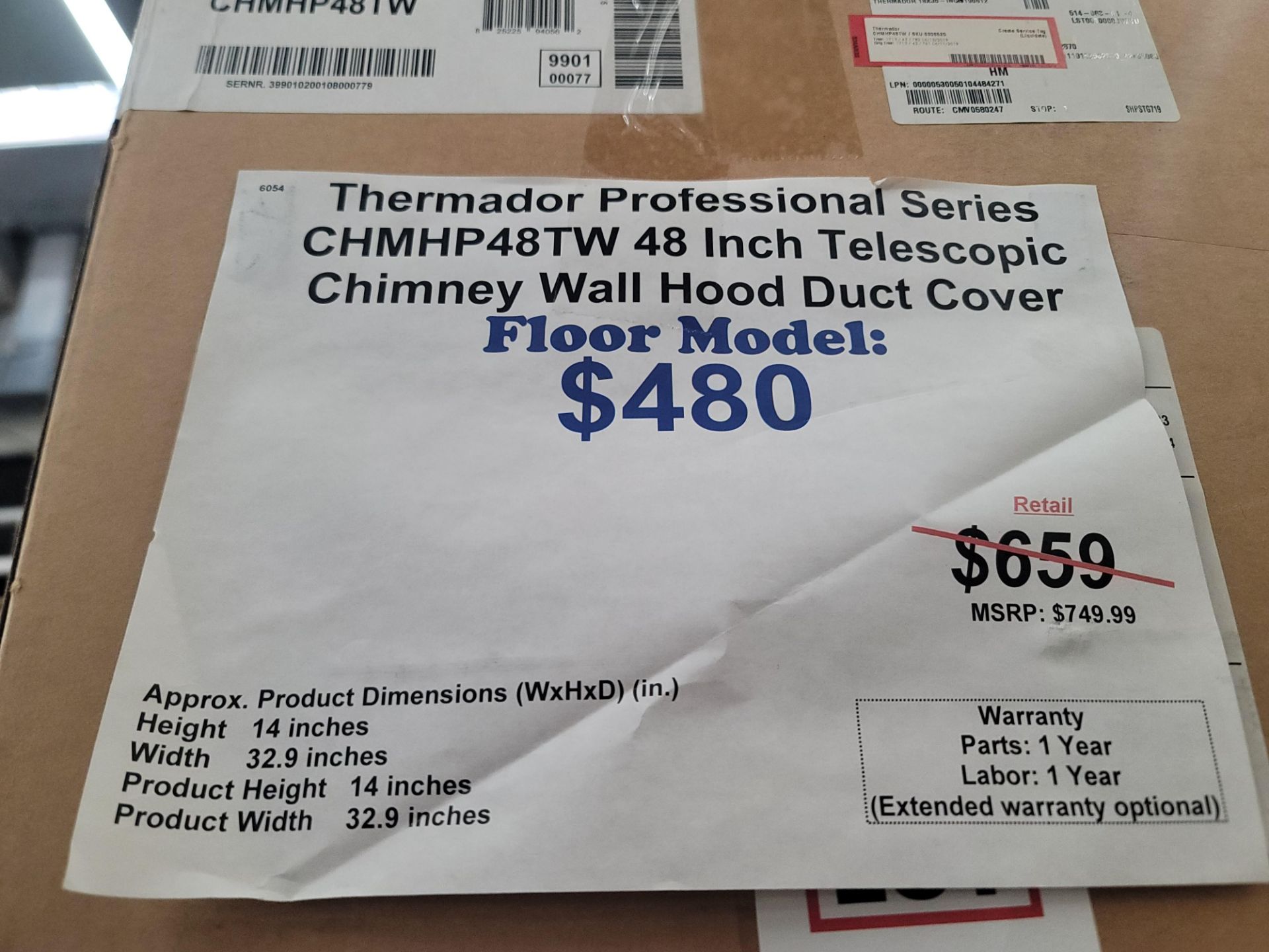 THERMADOR PROFESSIONAL SERIES 48" TELESCOPIC CHIMNEY WALL HOOD DUCT COVER, MODEL CHMHP48TW - Image 2 of 2