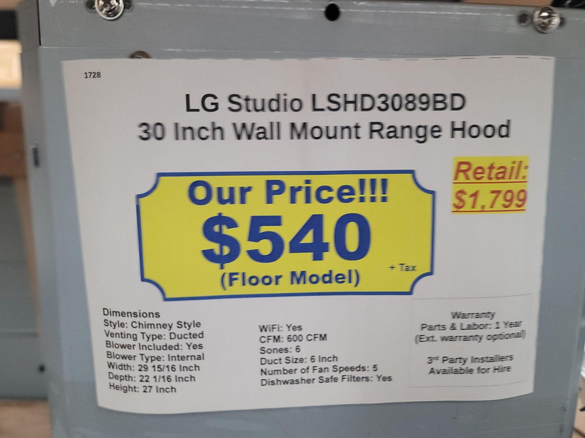 LG STUDIO 30" WALL MOUNT RANGE HOOD IN BLACK, MODEL LSHD3089BD - Image 2 of 2