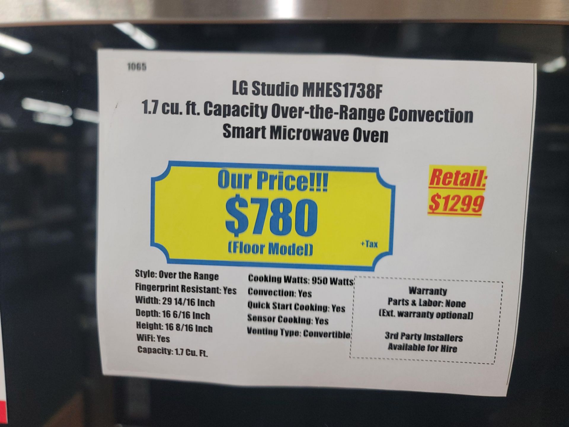 LG STUDIO 30" OVER-THE-RANGE CONVECTION SMART MICROWAVE OVEN IN STAINLESS STEEL, 1.7 CU. FT. - Image 3 of 3