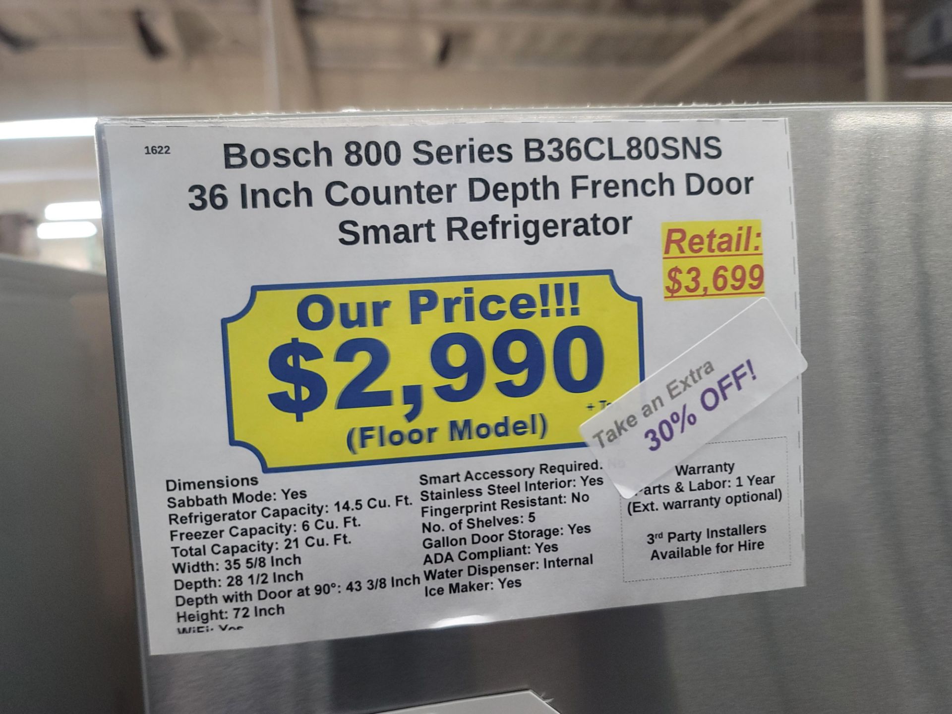 BOSCH 800 SERIES 36" SMART COUNTER DEPTH FRENCH DOOR 14.5 CU. FT. REFRIGERATOR / 6.0 CU. FT. FREEZER - Image 6 of 6