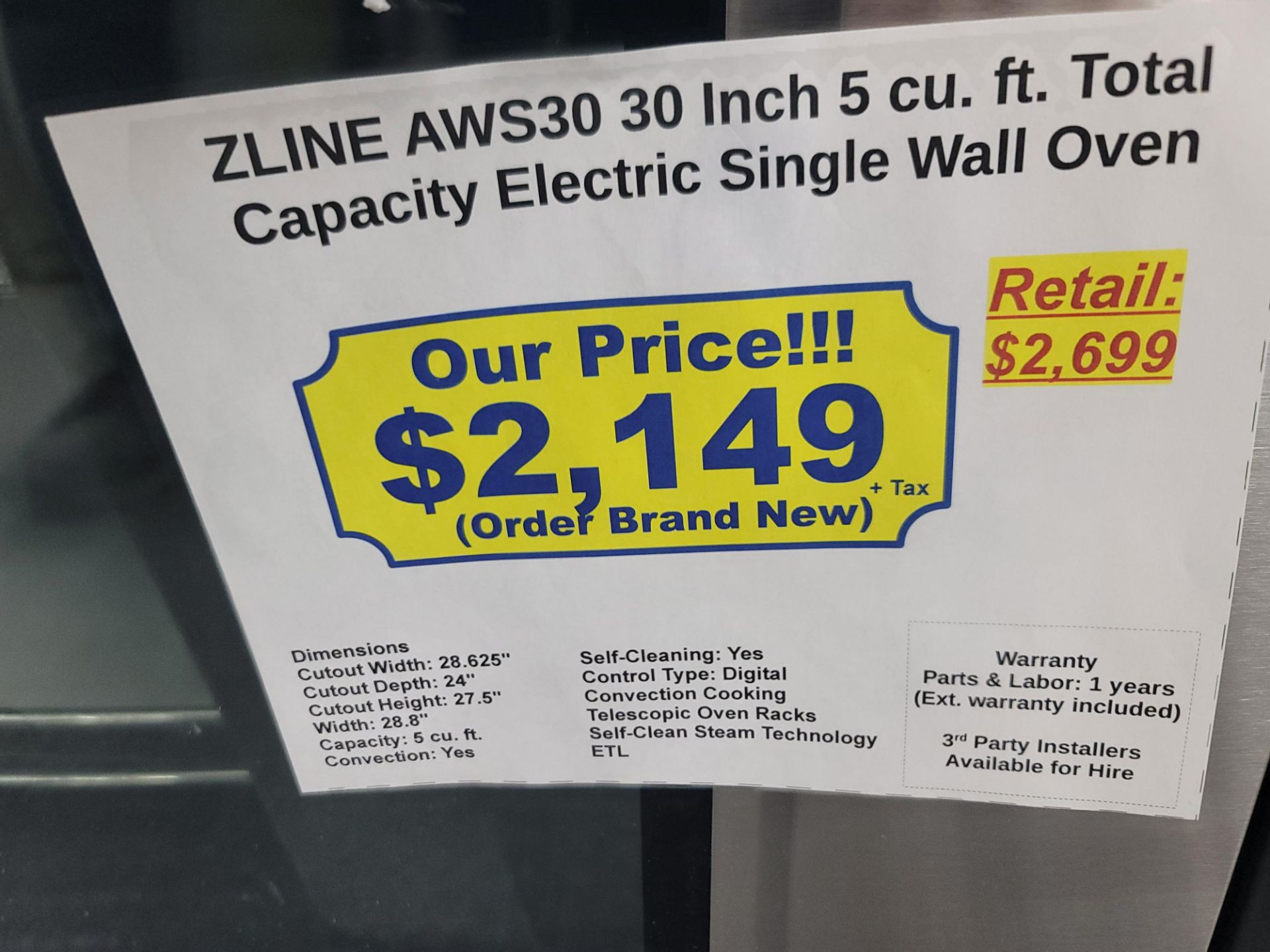 ZLINE 30" ELECTRIC SINGLE WALL OVEN W/ 5.0 CU. FT. CAPACITY IN STAINLESS STEEL, MODEL AWS30 - Image 3 of 3