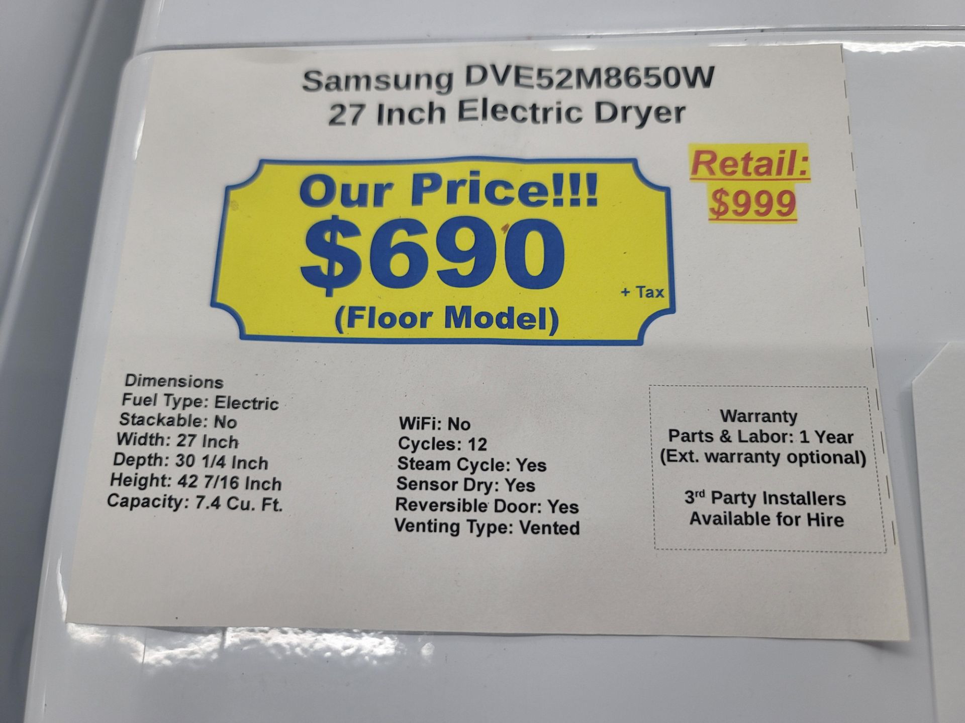 SAMSUNG 27" ELECTRIC DRYER IN WHITE, 7.4 CU. FT. CAPACITY, MODEL DVE52M8650W - Image 4 of 4