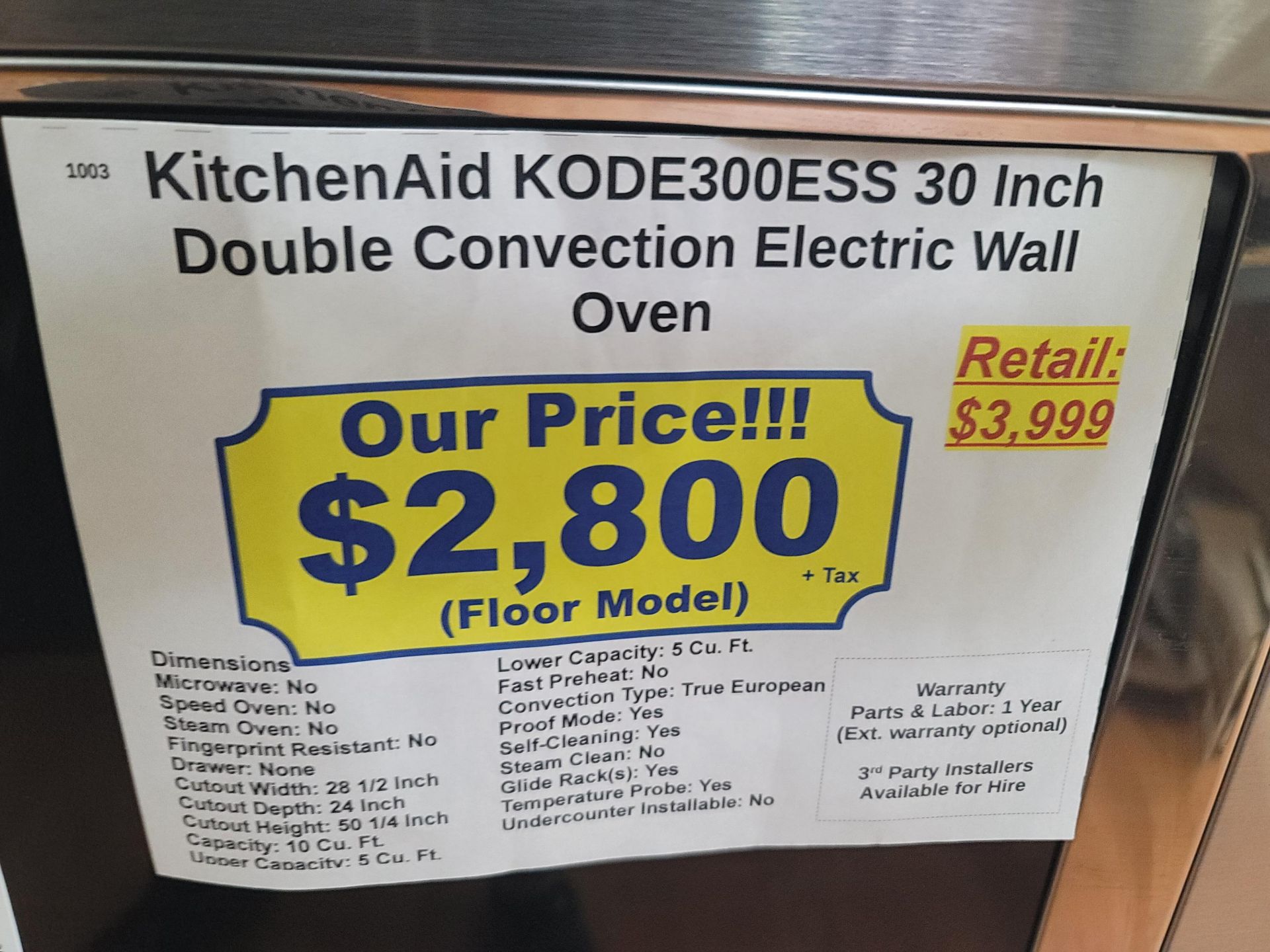 KITCHENAID 30" DOUBLE CONVECTION ELECTRIC WALL OVEN IN STAINLESS STEEL, CAPACITY: UPPER 5.0 CU. - Image 6 of 6