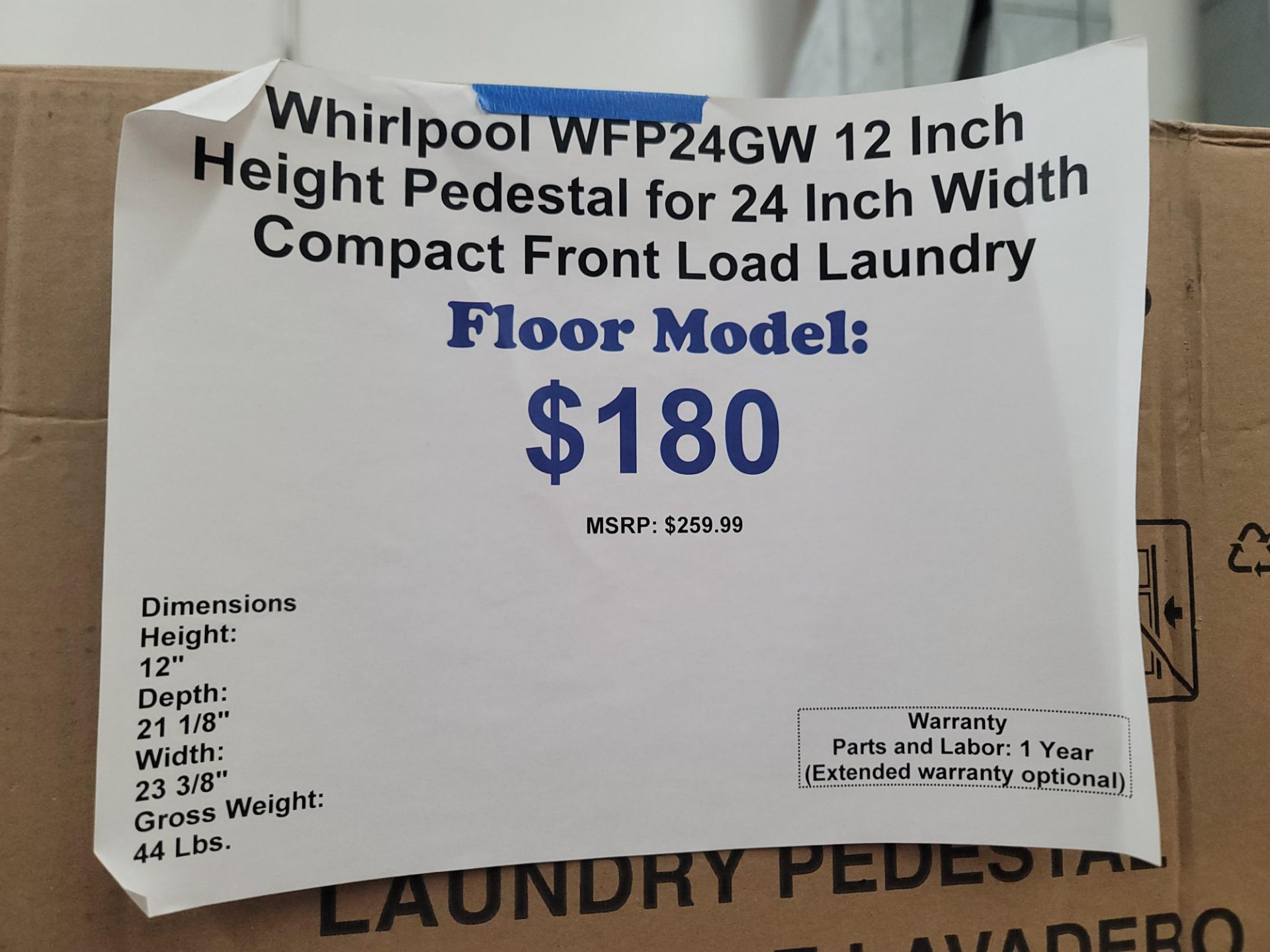 WHIRLPOOL 24" LAUNDRY PEDESTAL W/ 12" HT, MODEL WFP24GW, IN ORIGINAL CARTON - Image 2 of 2