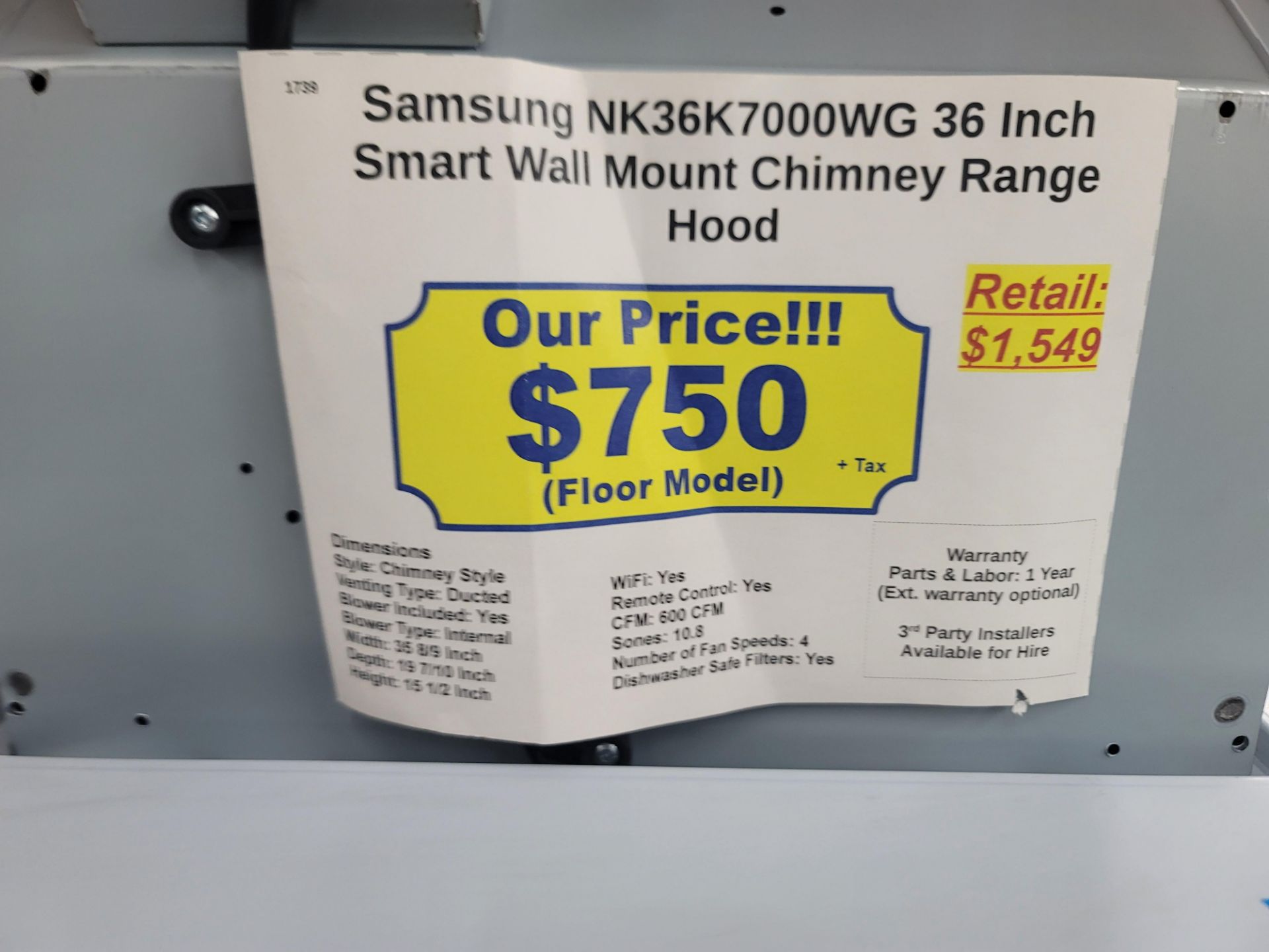 SAMSUNG 36" SMART WALL MOUNT CHIMNEY RANGE HOOD IN BLACK STAINLESS STEEL, MODEL NK36K7000WG - Image 2 of 2