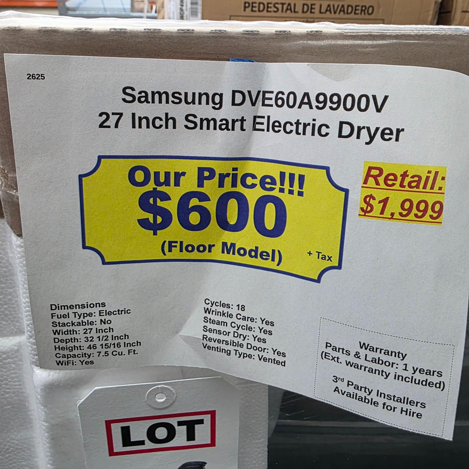 SAMSUNG 27" SMART 7.5 CU. FT. ELECTRIC DRYER IN BLACK, MODEL DVE60A9900V, UNOPENED FACTORY - Image 3 of 3