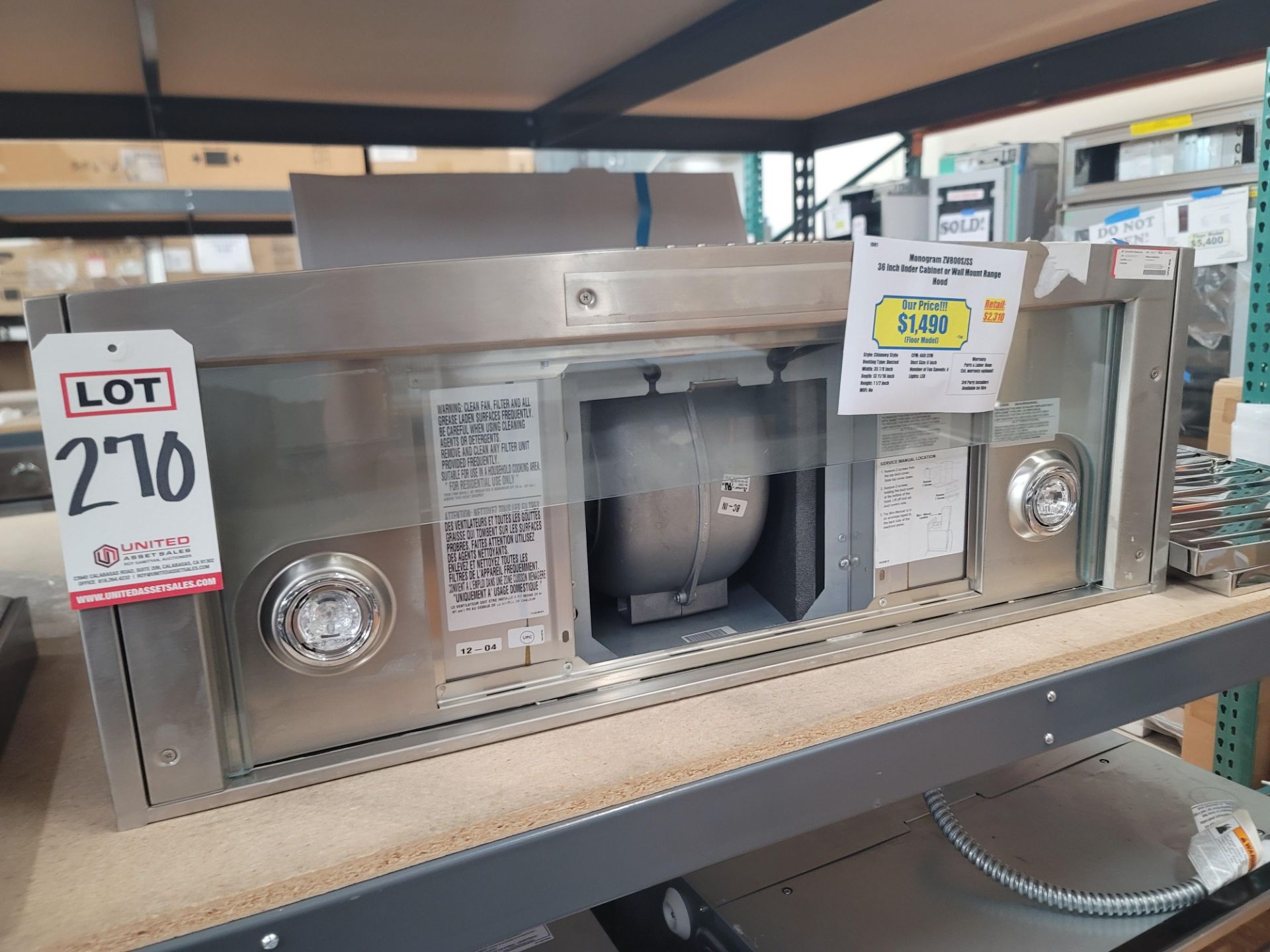 MONOGRAM 36" UNDER CABINET OR WALL MOUNT RANGE HOOD, MODEL ZV800SJSS