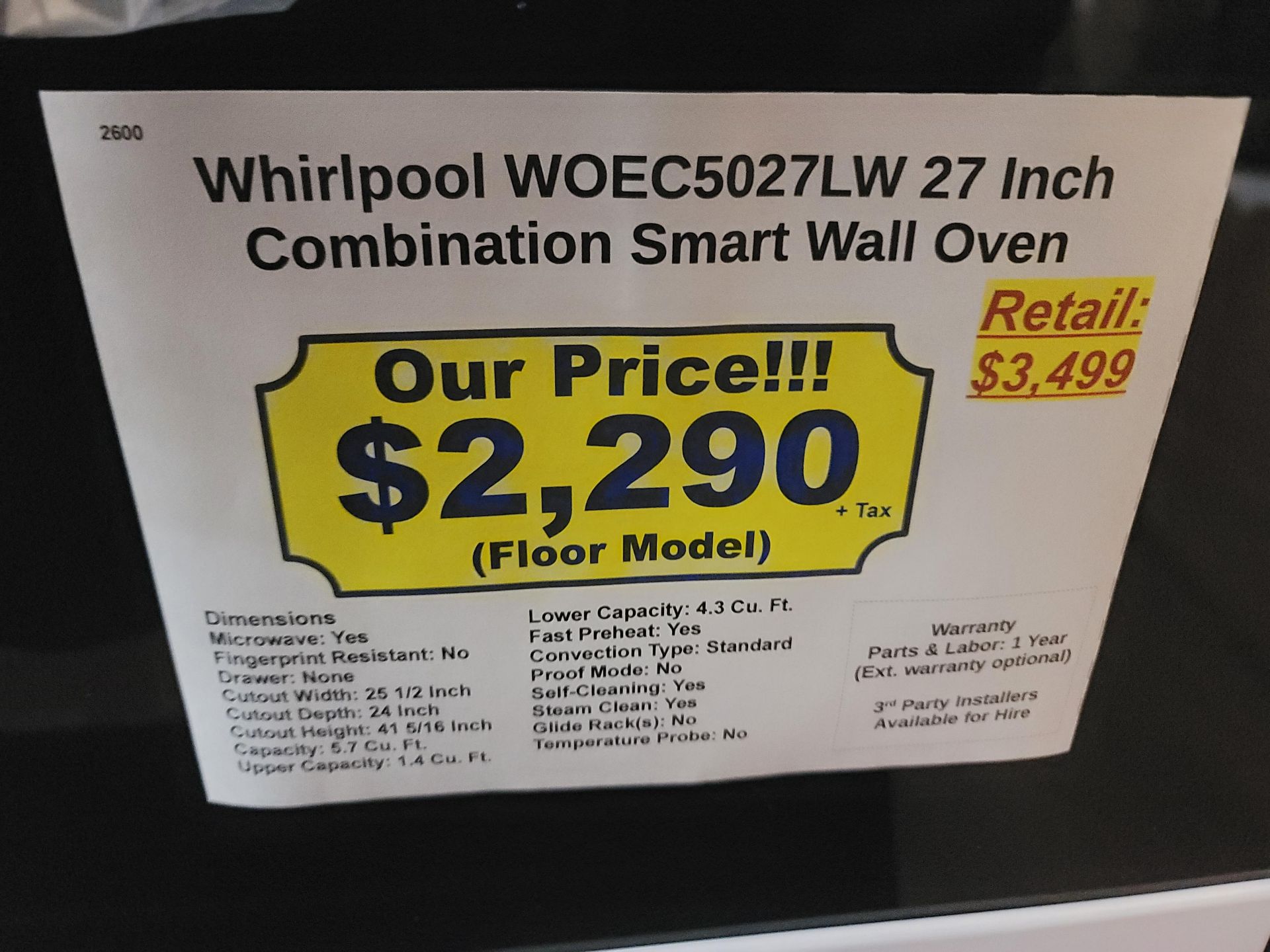 WHIRLPOOL 27" COMBINATION MICROWAVE & ELECTRIC WALL OVEN IN WHITE, CAPACITY: MICRO 1.4 CU. FT. / - Image 4 of 4