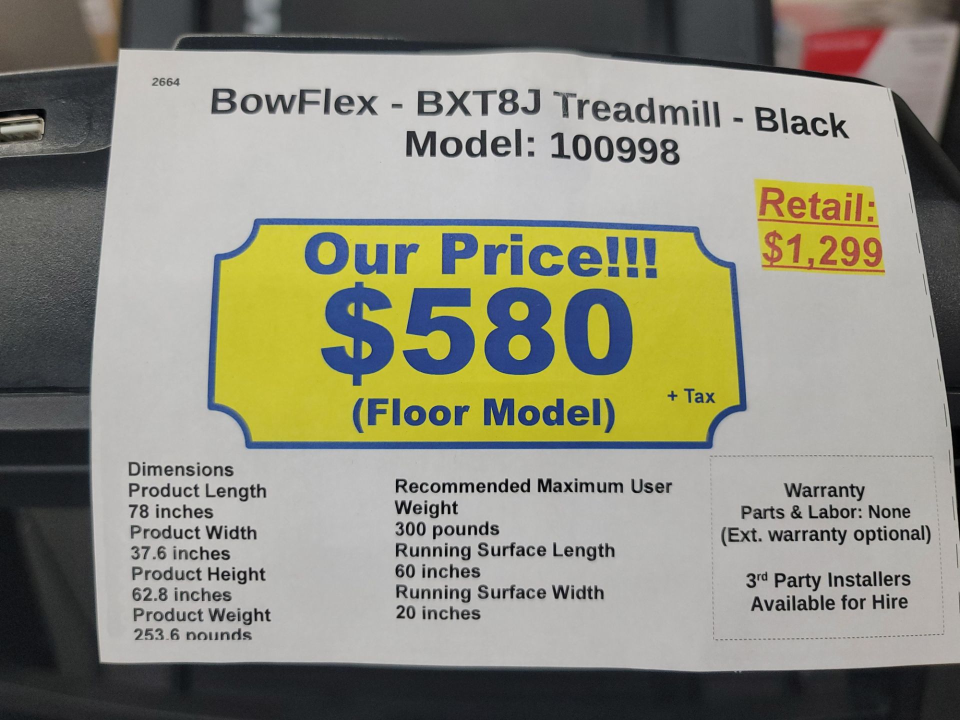 BOWFLEX BXT8J TREADMILL IN BLACK, MODEL 100998 - Image 4 of 4