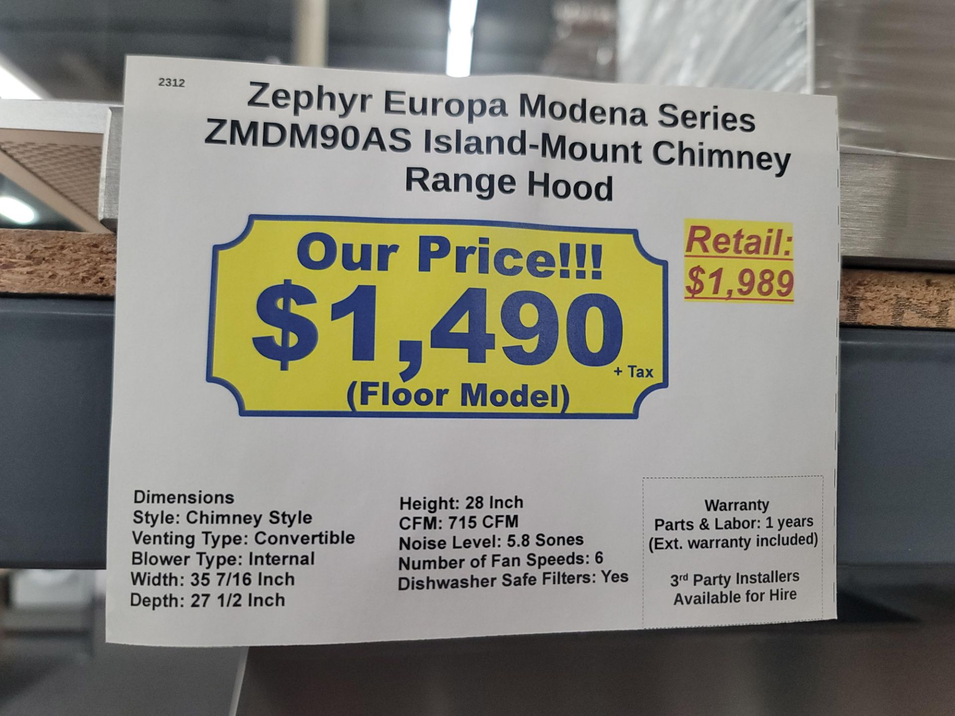 ZEPHYR EUROPA MODENA SERIES 36" ISLAND-MOUNT CHIMNEY RANGE HOOD, MODEL ZMDM90AS - Image 2 of 2