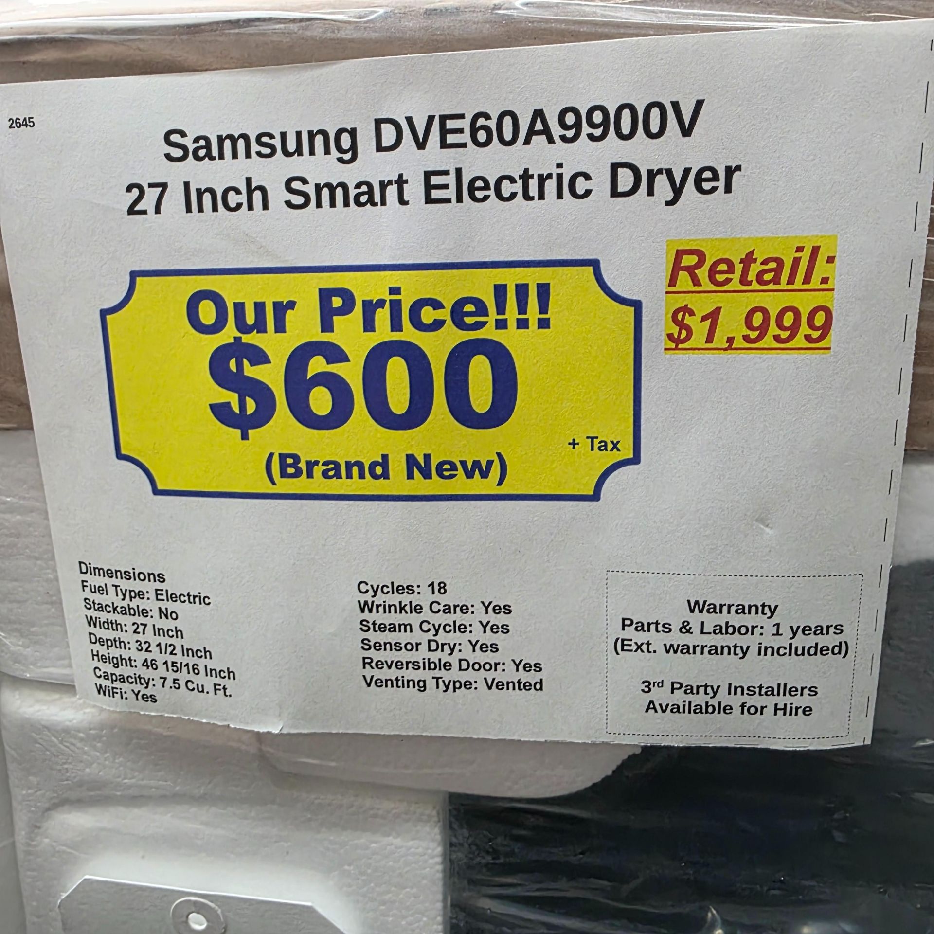 SAMSUNG 27" SMART 7.5 CU. FT. ELECTRIC DRYER IN BLACK, MODEL DVE60A9900V, UNOPENED FACTORY - Image 3 of 3