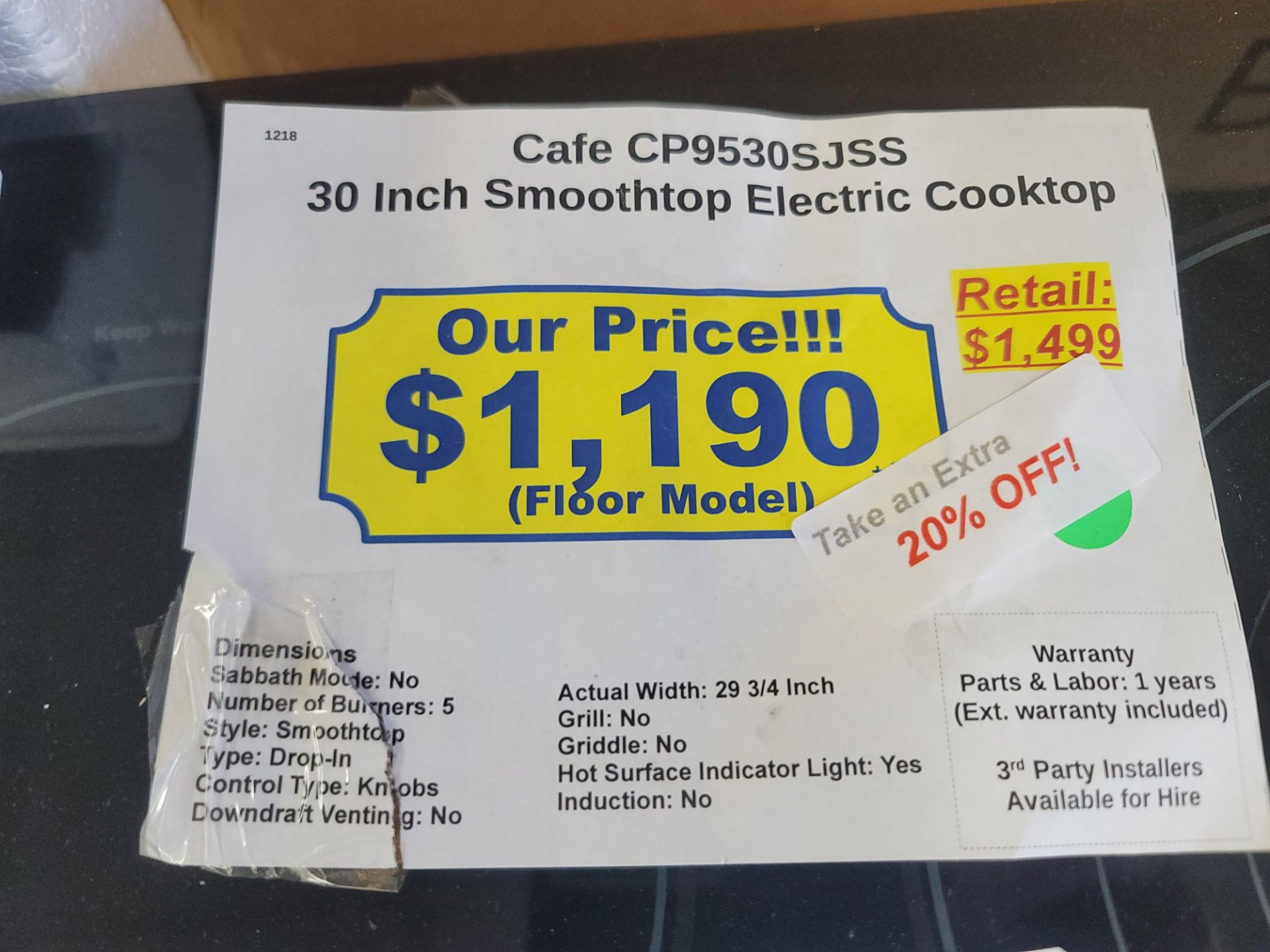 CAFE 30" SMOOTHTOP ELECTRIC COOKTOP W/ (5) BURNERS, MODEL CP9530SJSS - Image 3 of 3