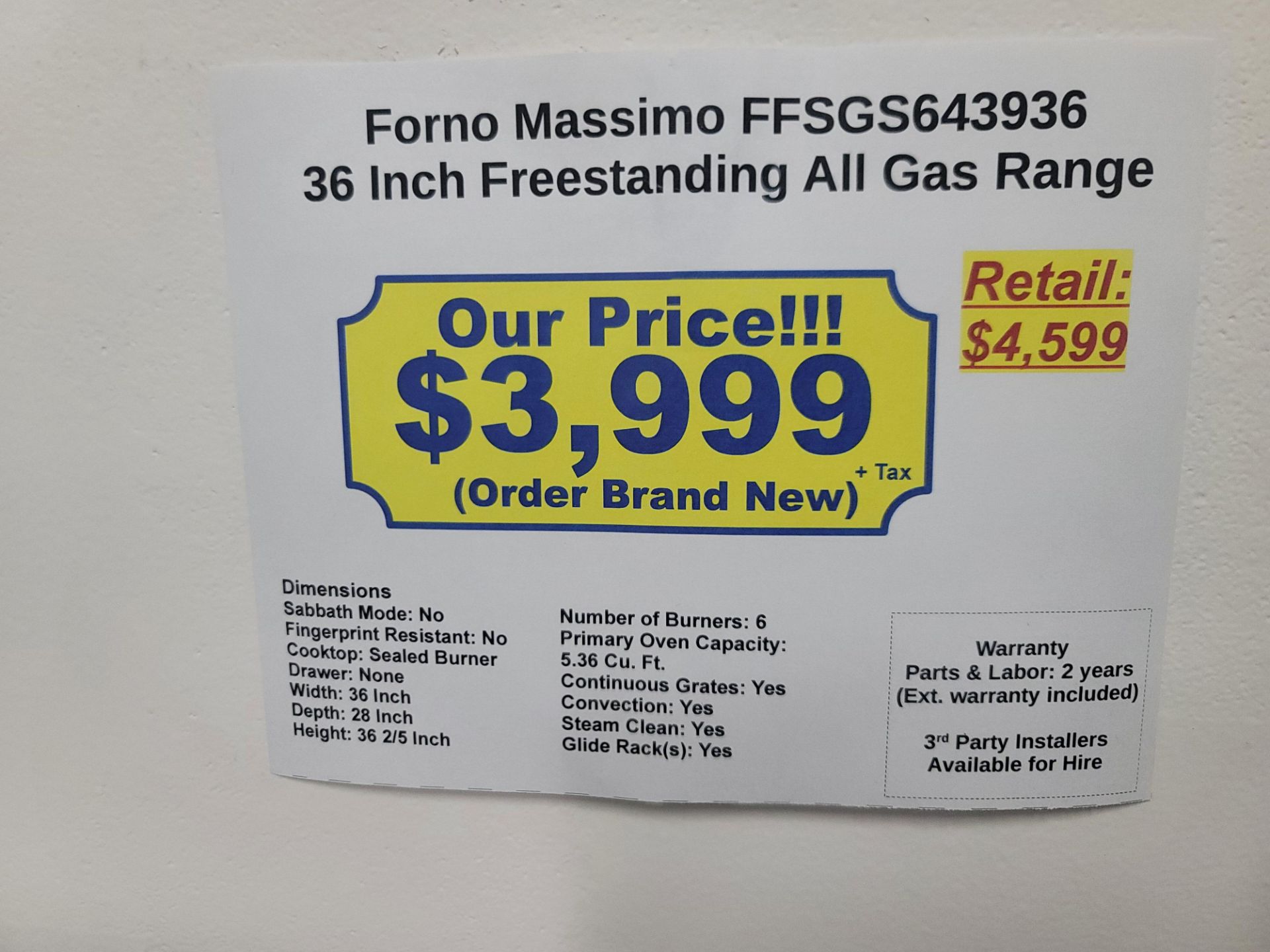 FORNO MASSIMO 36" FREESTANDING ALL GAS RANGE W/ (6) BURNERS AND 5.36 CU. FT. OVEN CAPACITY IN - Image 5 of 5