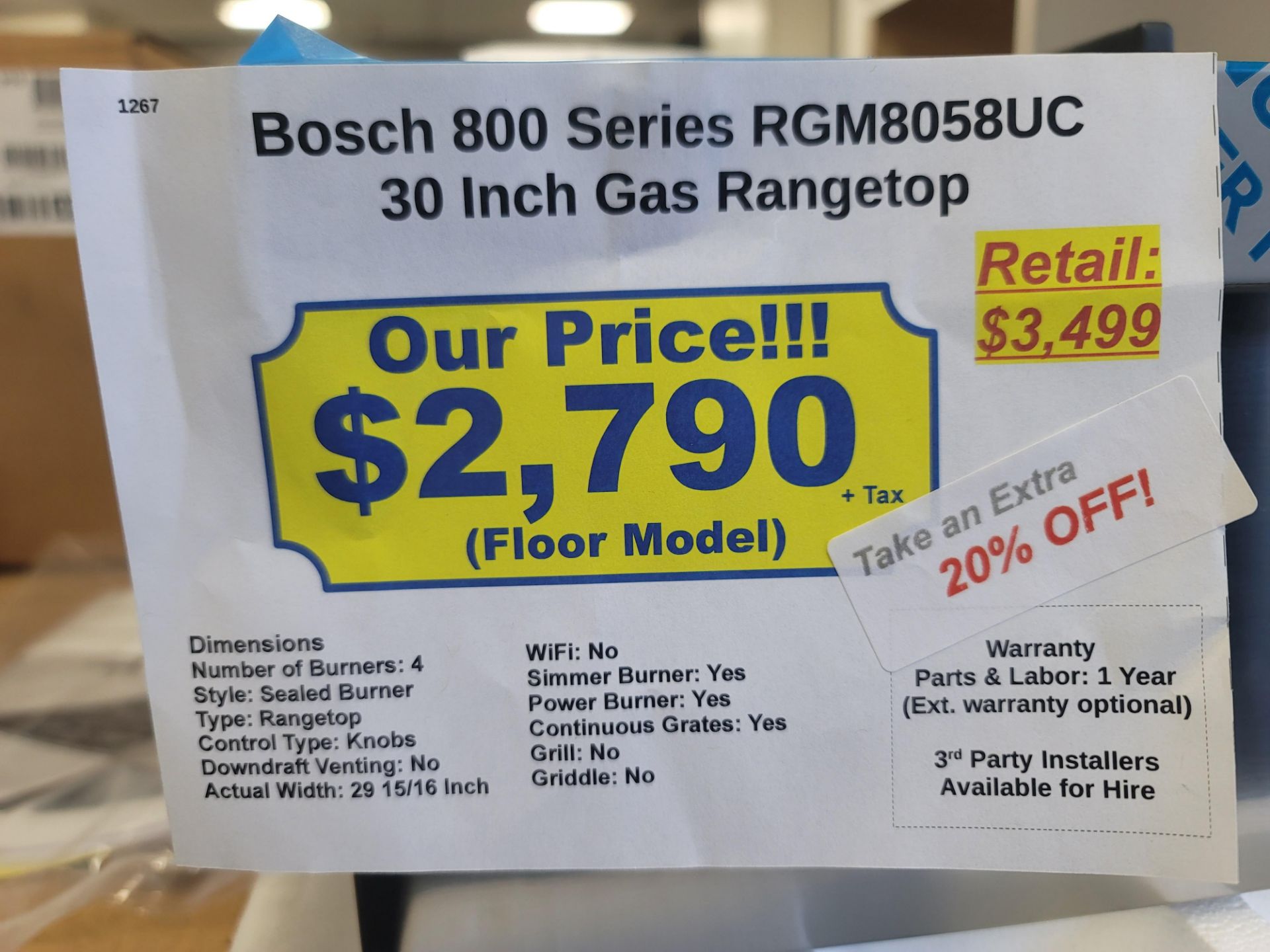 BOSCH 800 SERIES 30" GAS RANGETOP W/ (4) BURNERS IN STAINLESS STEEL, MODEL RGM8058UC - Image 3 of 3