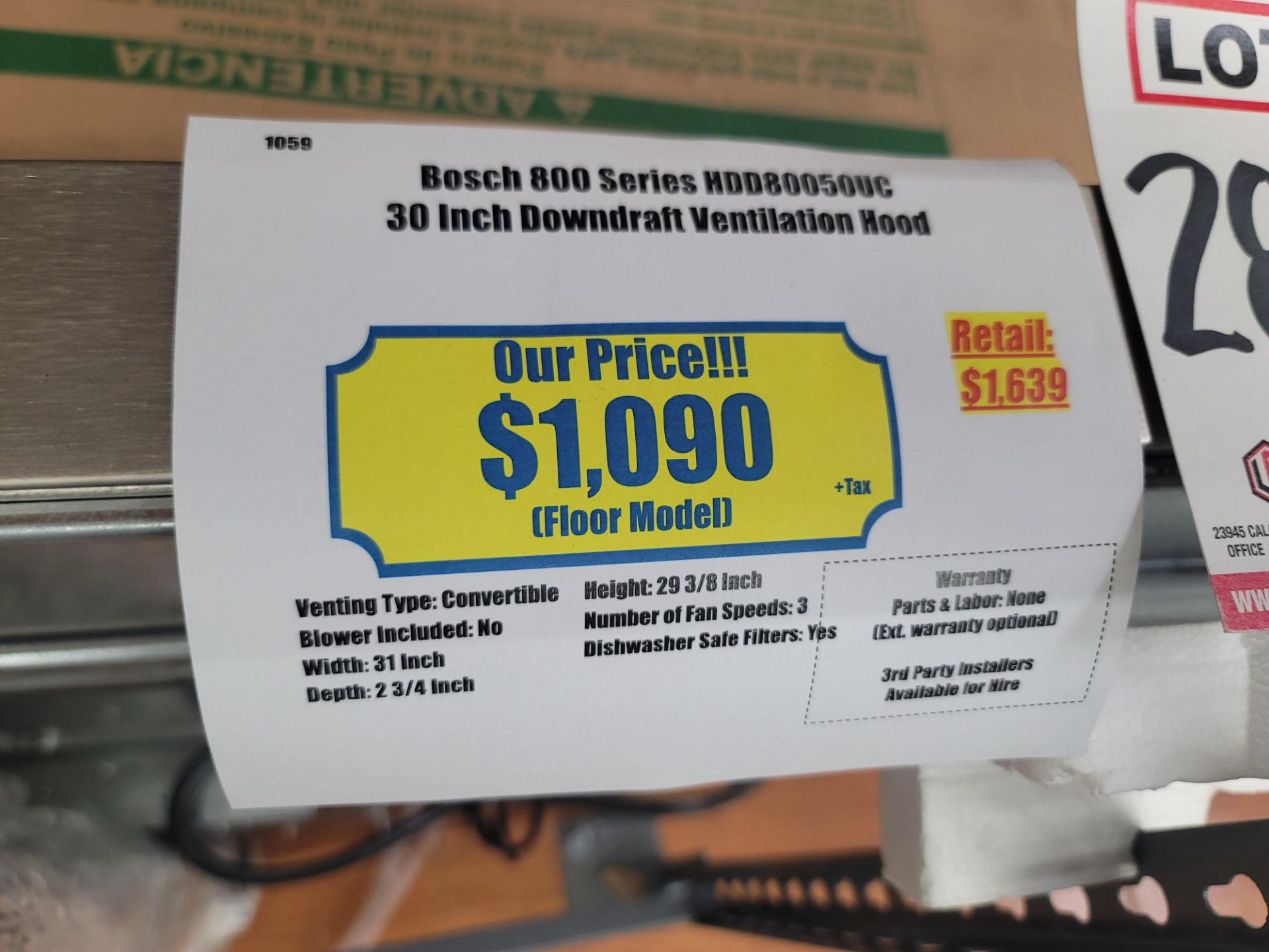 BOSCH 800 SERIES 30" DOWNDRAFT VENTILATION HOOD, MODEL HDD80050UC - Image 2 of 2