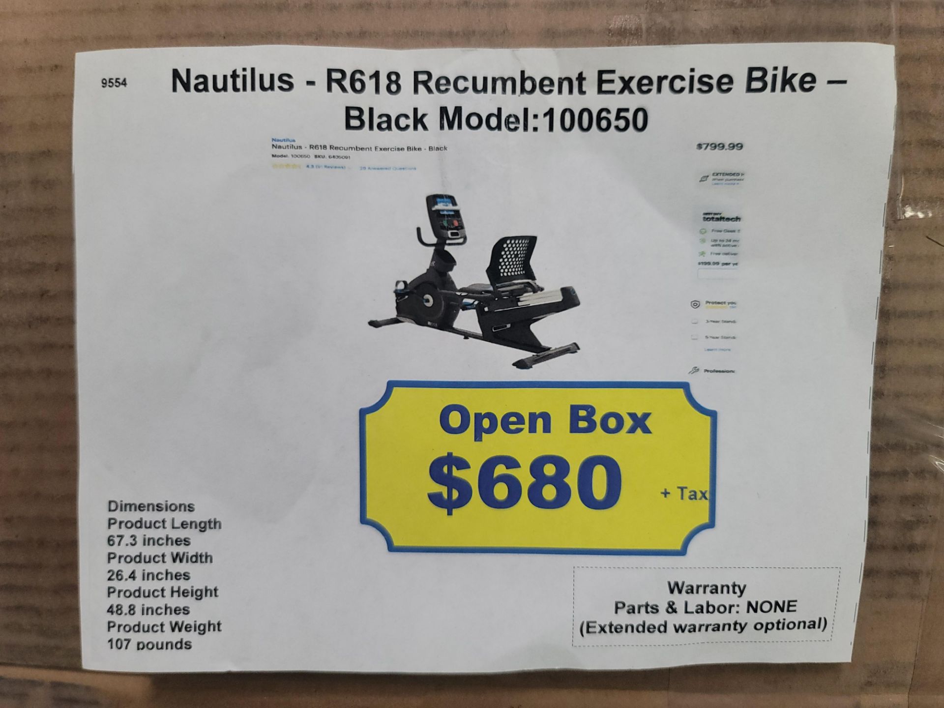 NAUTILUS R618 RECUMBENT EXERCISE BIKE IN BLACK, MODEL 100650, OPEN BOX - Image 2 of 2