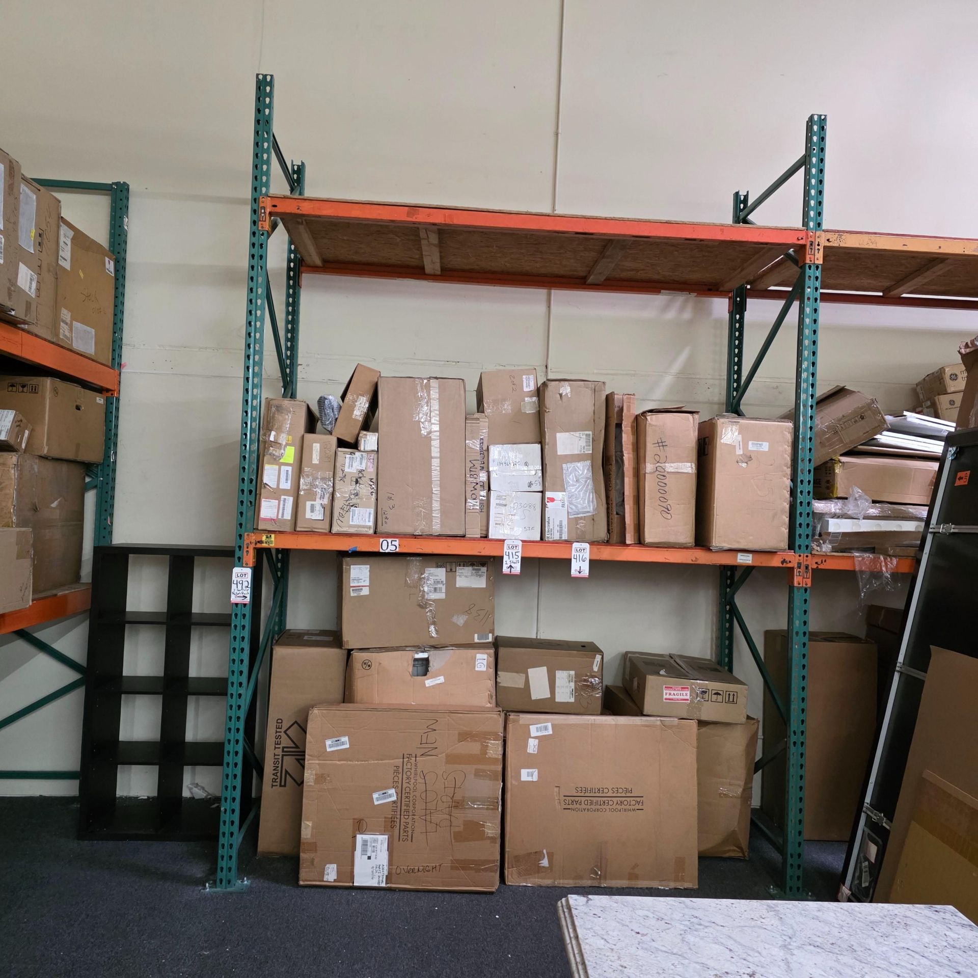 LOT - (3) 8' SECTIONS OF PALLET RACKING, APPROX. 8'-6" X 42" X 12" HT., PLYWOOD DECKING, CONTENTS - Image 2 of 3