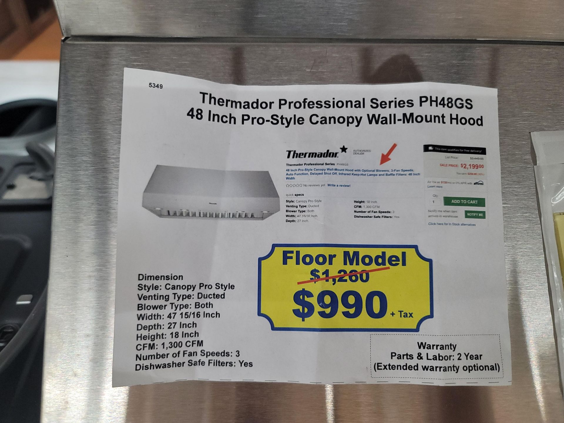 THERMADOR PROFESSIONAL 48" SERIES PRO-STYLE CANOPY WALL MOUNT HOOD, MODEL PH48GS - Image 2 of 2