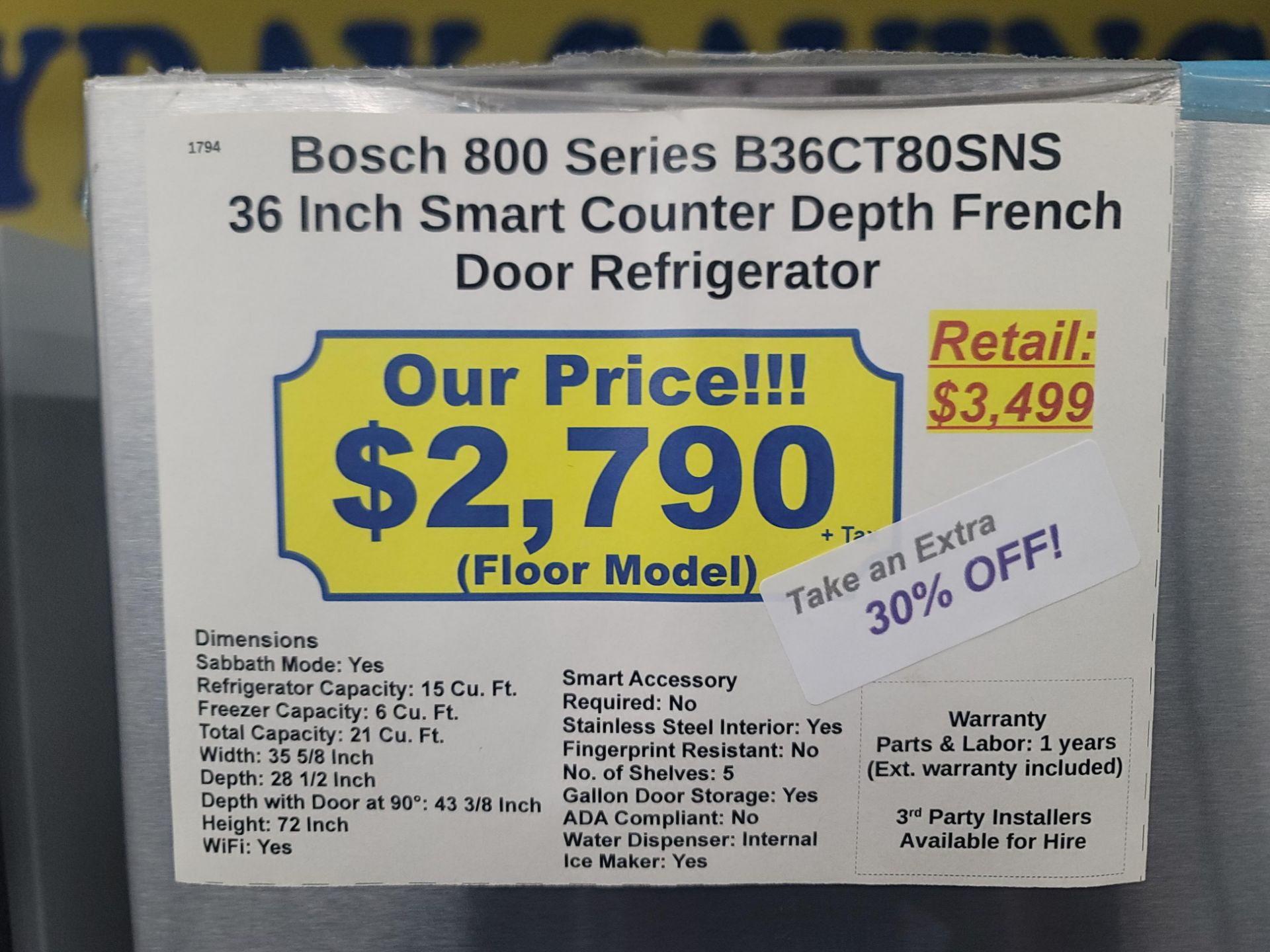 BOSCH 800 SERIES 36" SMART COUNTER DEPTH FRENCH DOOR 15 CU. FT. REFRIGERATOR / 6.0 CU. FT. FREEZER / - Image 4 of 4
