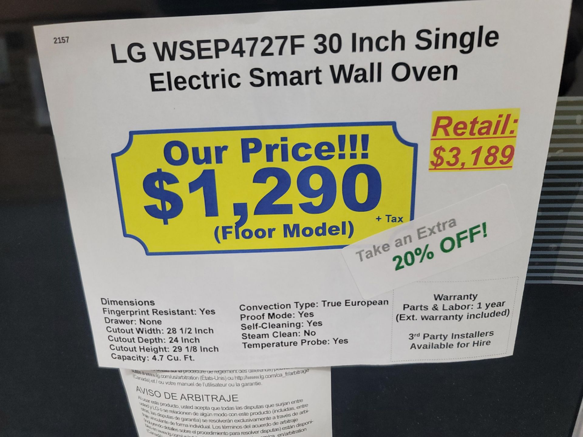LG 30" SINGLE ELECTRIC SMART WALL OVEN W/ 4.7 CU. FT. CAPACITY IN STAINLESS STEEL, MODEL WSEP4727F - Image 4 of 4