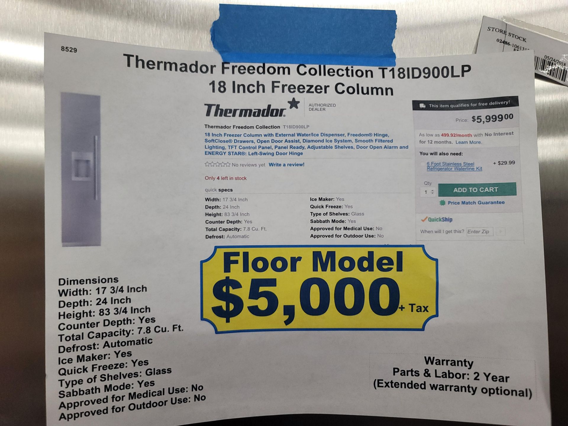 THERMADOR FREEDOM COLLECTION 18" FREEZER COLUMN, 7.8 CU. FT. CAPACITY, MODEL T18ID900LP - Image 3 of 3
