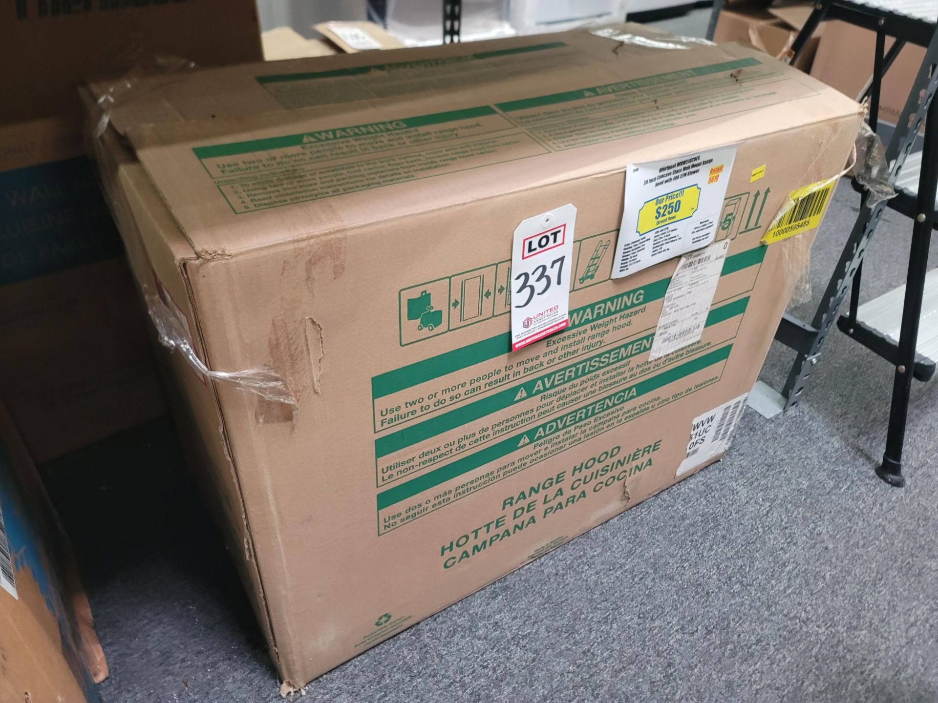 WHIRLPOOL 30" CONCAVE GLASS WALL MOUNT RANGE HOOD, MODEL WVW51UC0FS, IN ORIGINAL CARTON