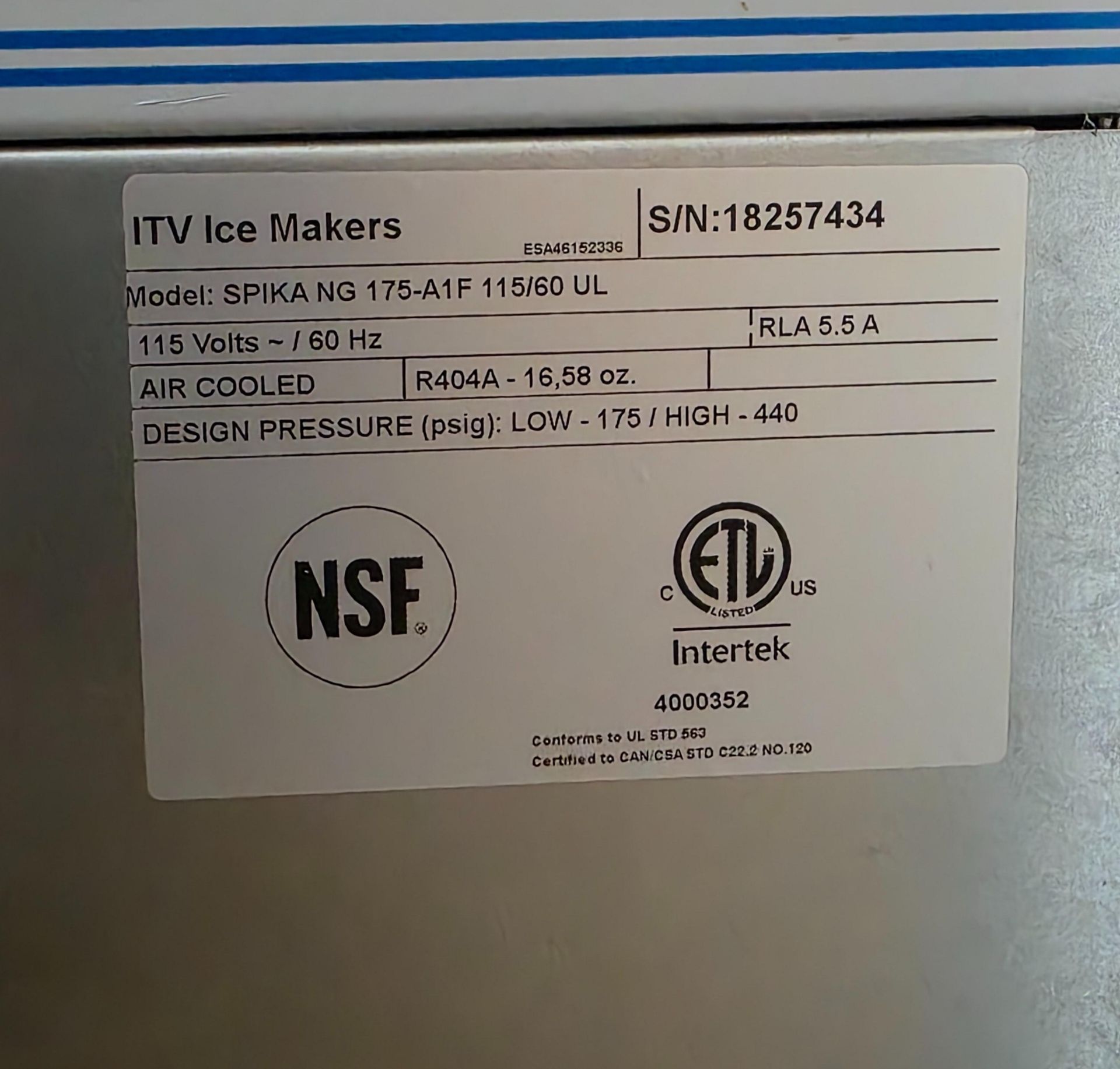 ITV COMMERCIAL ICE MAKER, MODEL SPIKA NG 175-A1F - Image 3 of 4