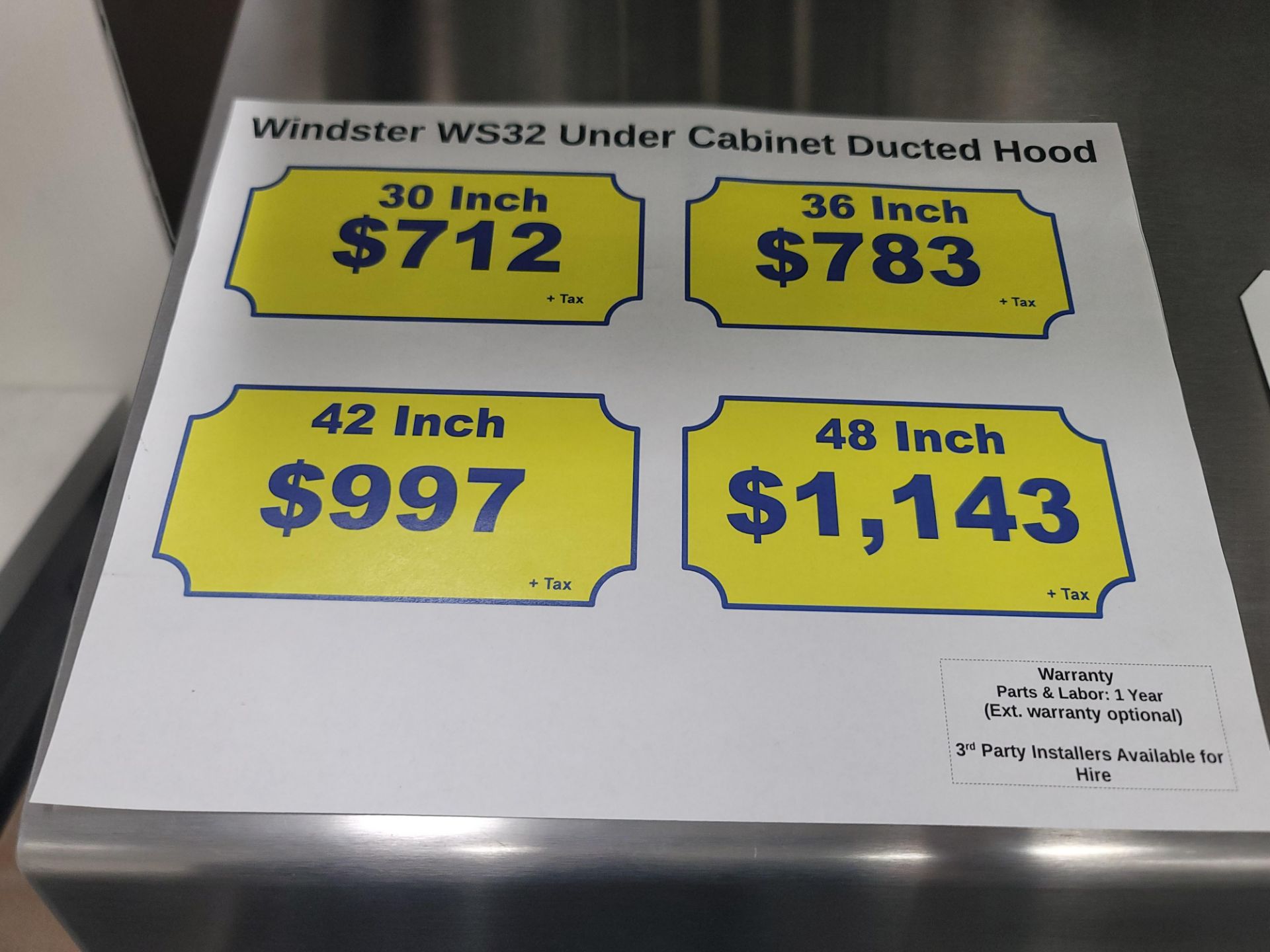 WINDSTER 36" UNDER CABINET DUCTED HOOD IN STAINLESS STEEL, MODEL WS32, (NOTE: SHELL ONLY - NO - Image 3 of 3