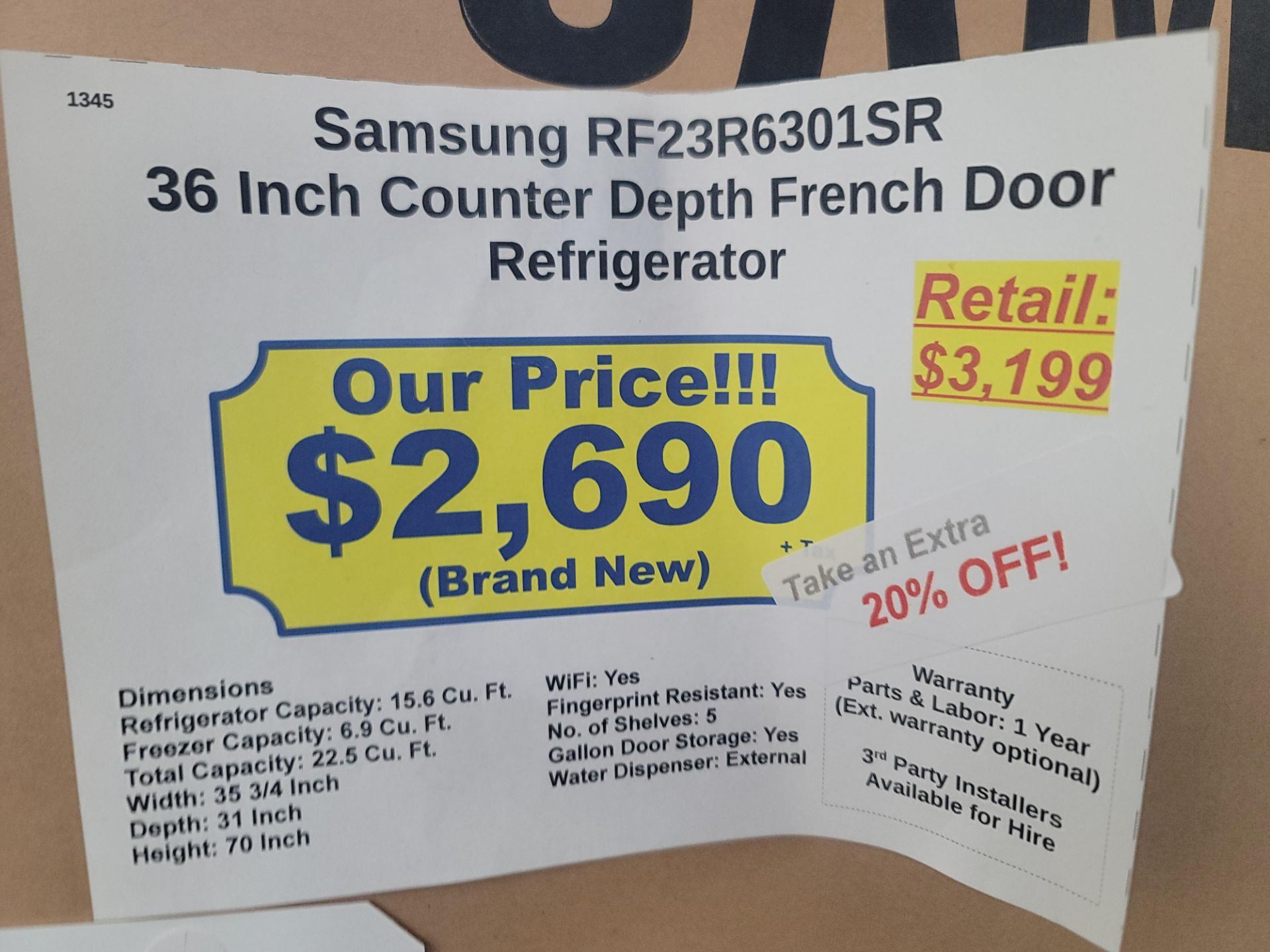 SAMSUNG 36" COUNTER DEPTH FRENCH DOOR 15.6 CU. FT. REFRIGERATOR / 6.9 CU. FT. FREEZER / 22.5 CU. FT. - Image 3 of 3