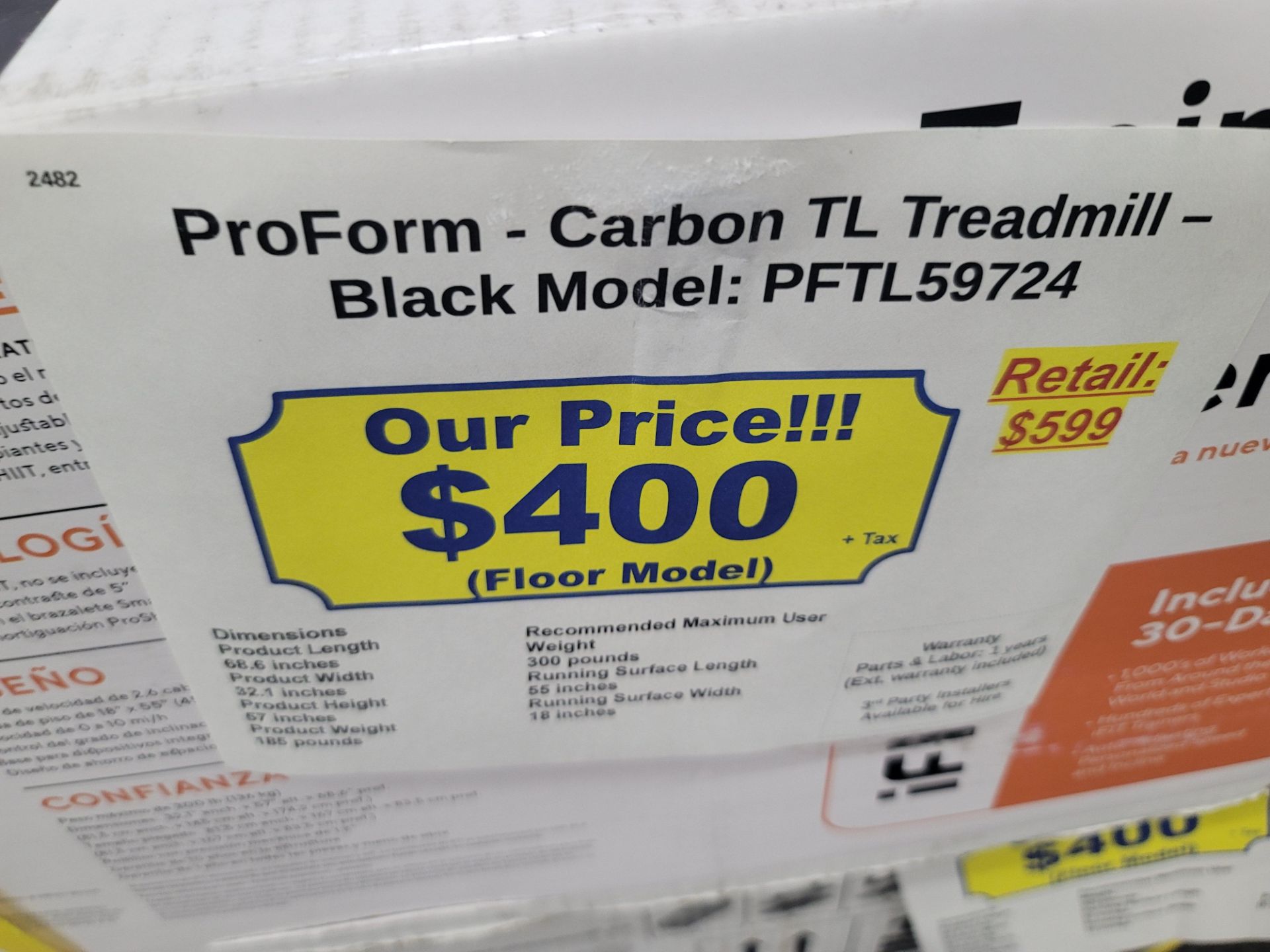 PRO-FORM CARBON TL TREADMILL IN BLACK, MODEL PFTL59724, OPEN BOX - Image 2 of 2