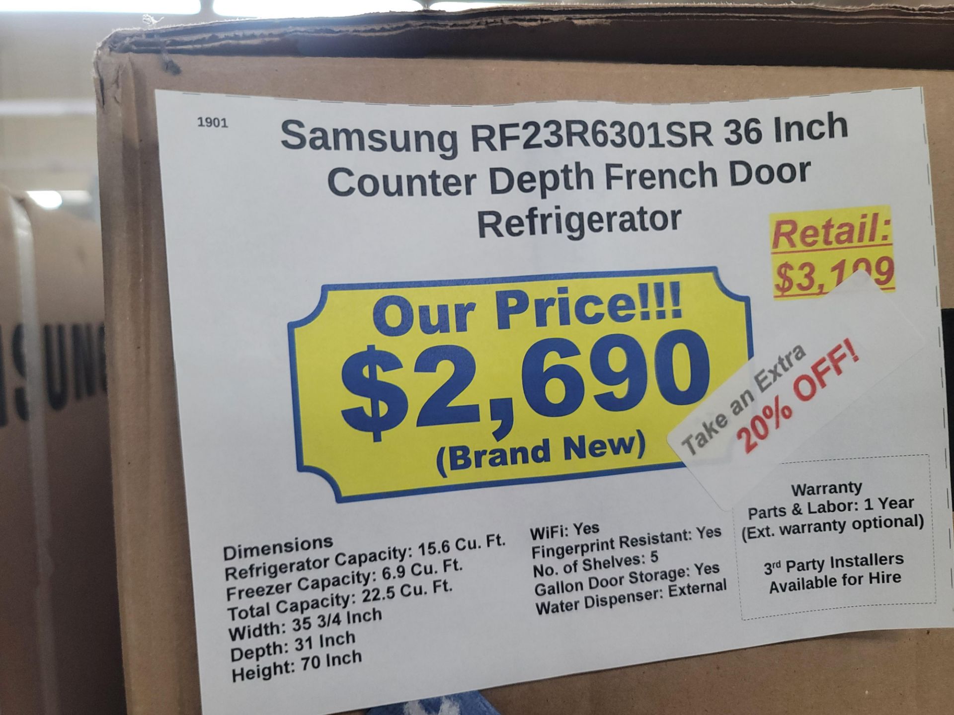 SAMSUNG 36" COUNTER DEPTH FRENCH DOOR 15.6 CU. FT. REFRIGERATOR / 6.9 CU. FT. FREEZER / 22.5 CU. FT. - Image 3 of 3