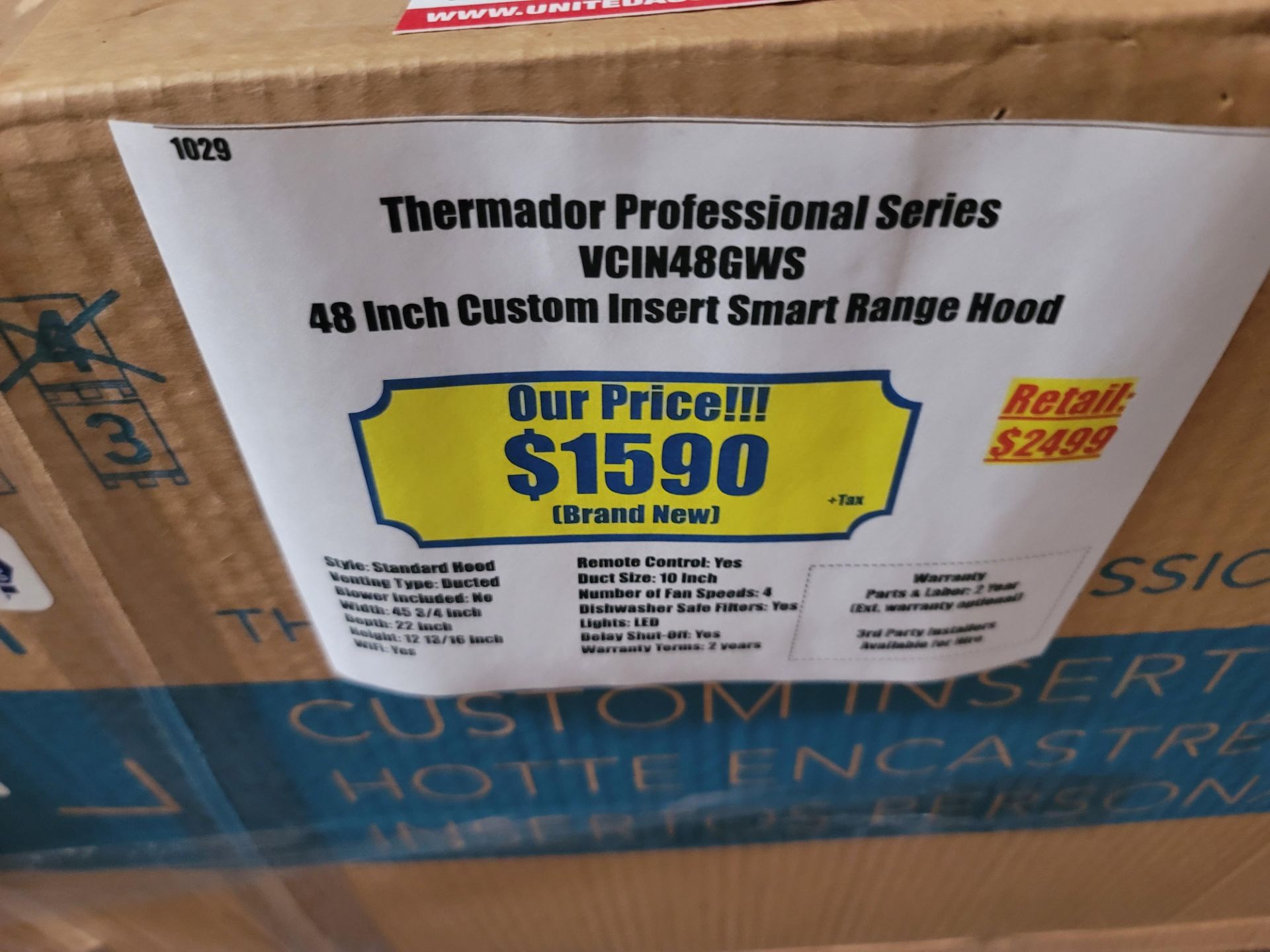 THERMADOR PROFESSIONAL SERIES 48" CUSTOM INSERT SMART RANGE HOOD, MODEL VCIN48GWS, IN ORIGINAL - Image 2 of 2