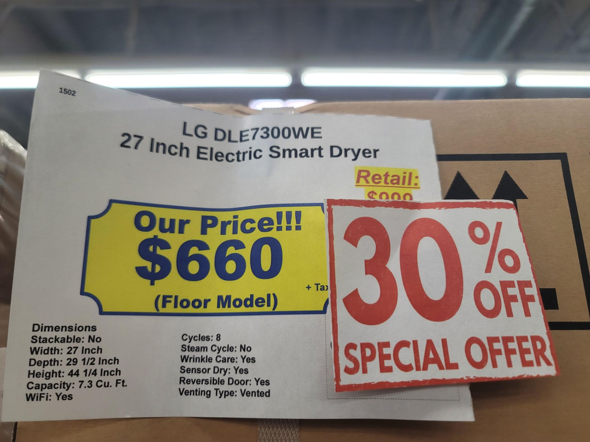 LG 27" ELECTRIC SMART DRYER IN WHITE, 7.3 CU. FT. CAPACITY, MODEL DLE7300WE, IN UNOPENED CARTON - Image 3 of 3