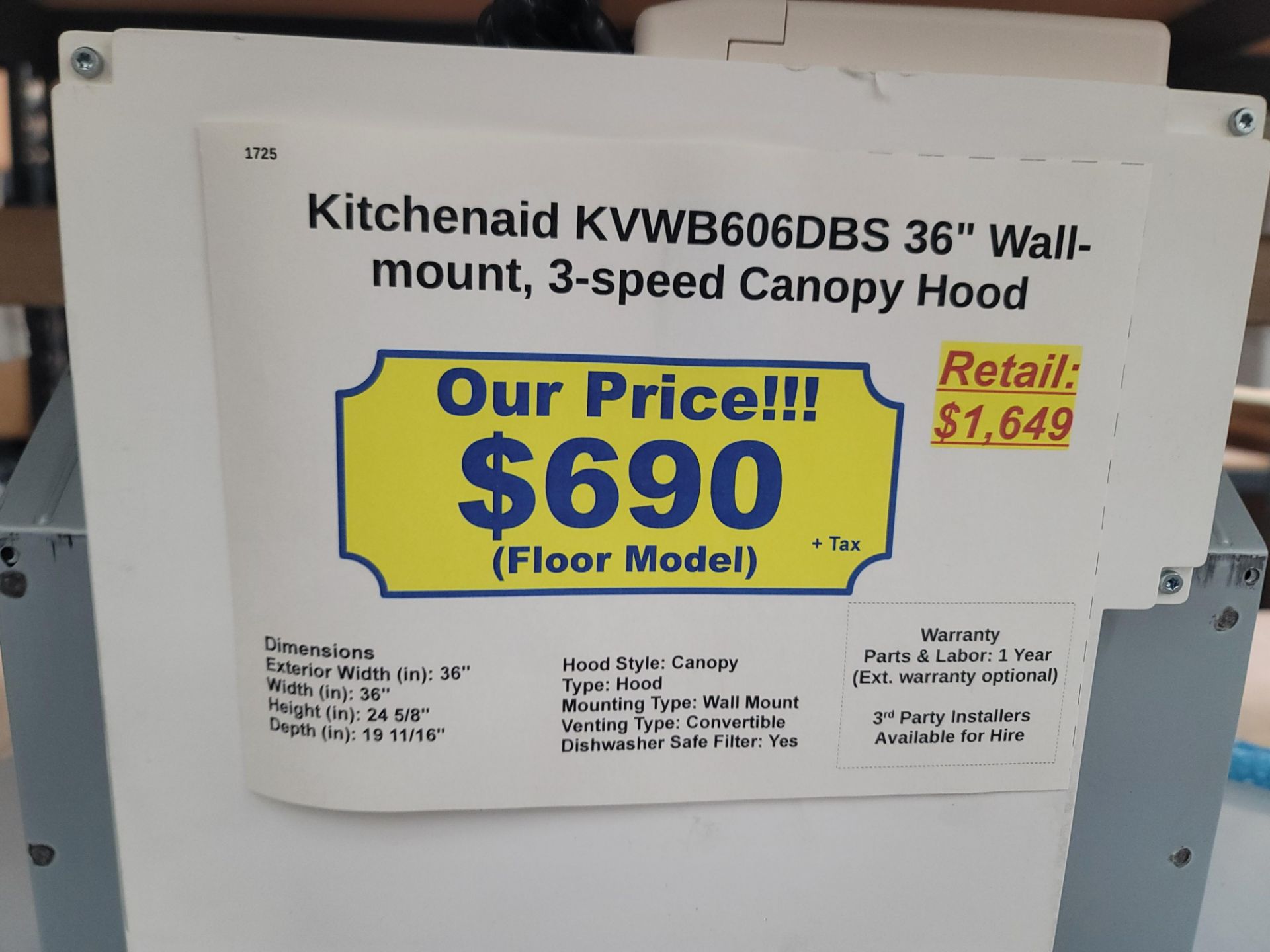 KITCHENAID 36" WALL MOUNT 3-SPEED CANOPY RANGE HOOD IN BLACK, MODEL KVWB606DBS - Image 2 of 2