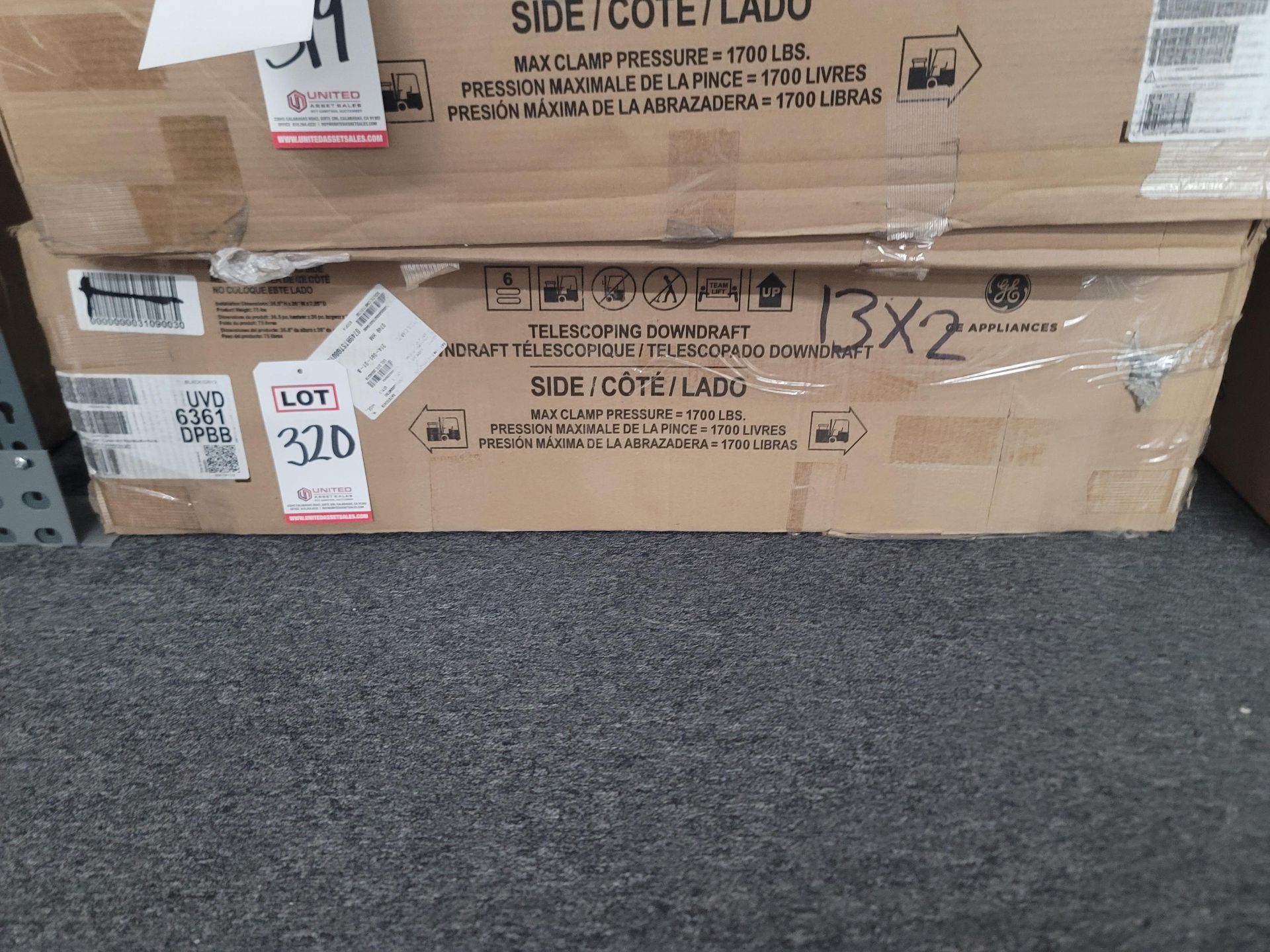 GE 36" TELESCOPIC DOWNDRAFT RANGE HOOD, MODEL UVD6361DPBB, IN ORIGINAL CARTON