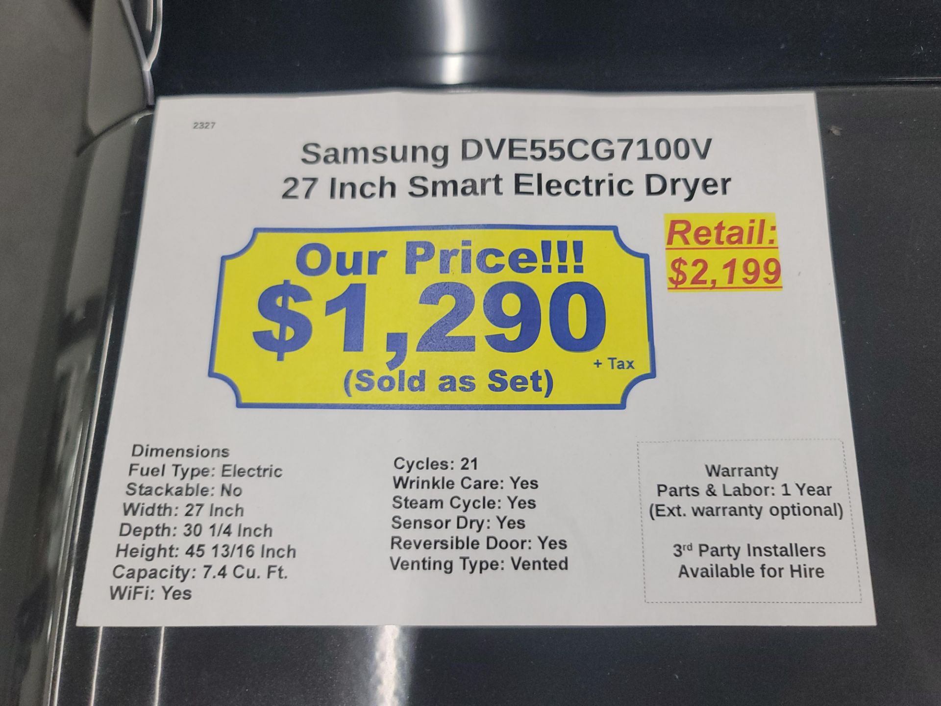 SAMSUNG 27" SMART ELECTRIC DRYER IN BLACK, 7.4 CU. FT. CAPACITY, MODEL DVE55CG7100V - Image 3 of 3