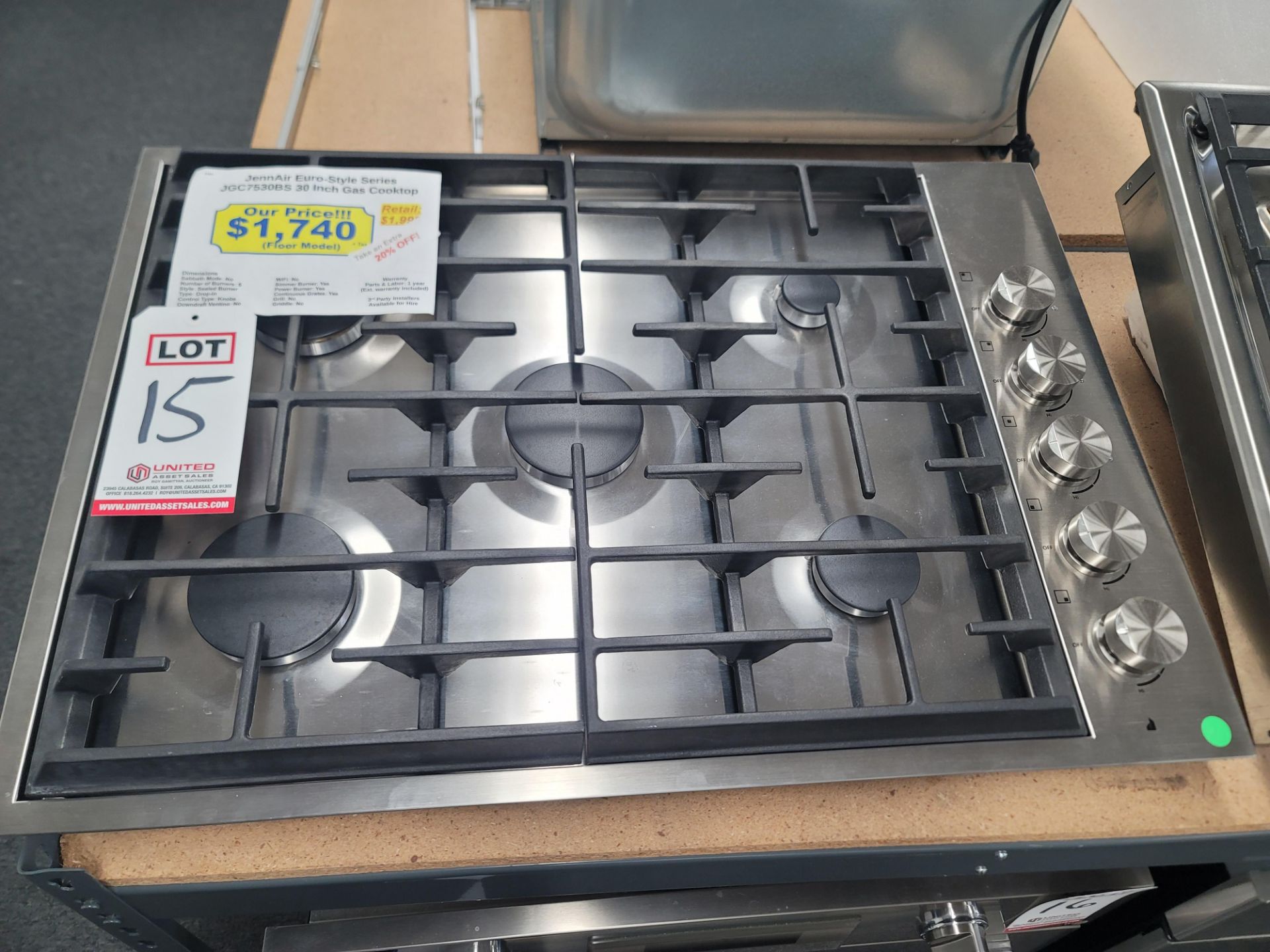 JENNAIR EURO-STYLE SERIES 30" GAS COOKTOP W/ (5) BURNERS IN STAINLESS STEEL, MODEL JGC7530BS