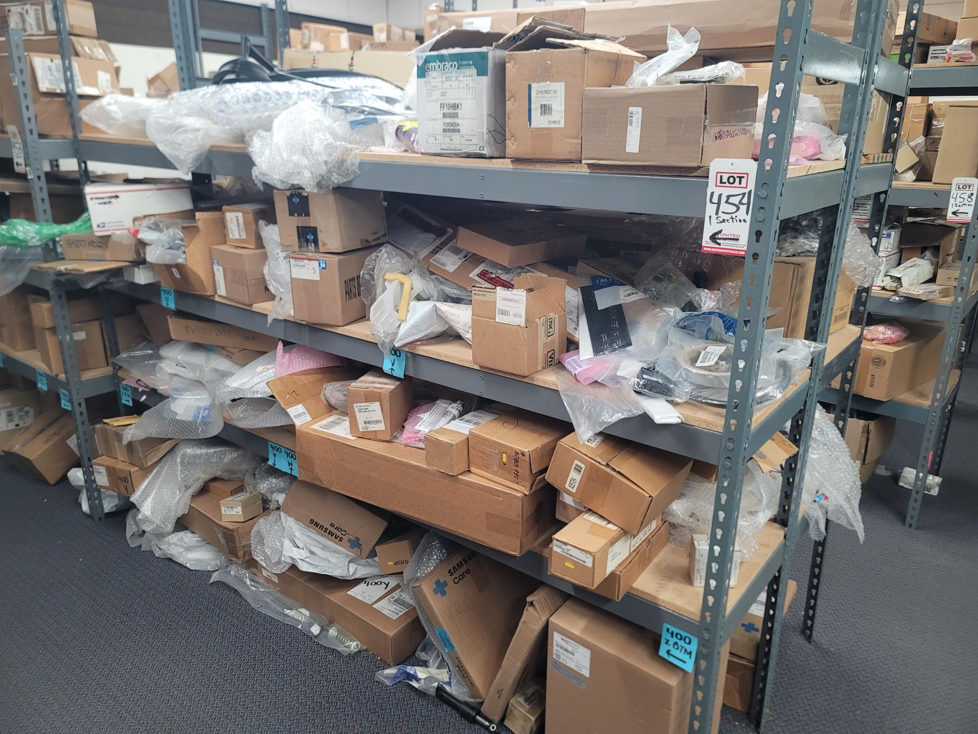 LOT - 8' SHELF UNIT W/ CONTENTS OF APPLIANCE REPLACEMENT PARTS