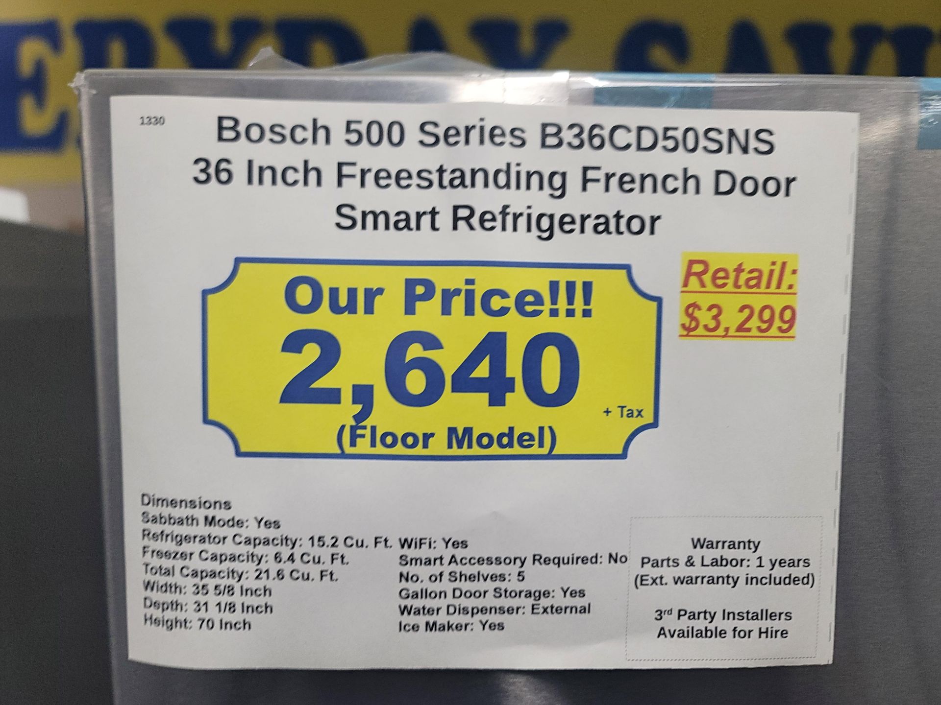 BOSCH 500 SERIES 36" SMART FREESTANDING FRENCH DOOR 15.2 CU. FT. REFRIGERATOR / 6.4 CU. FT. - Image 4 of 4