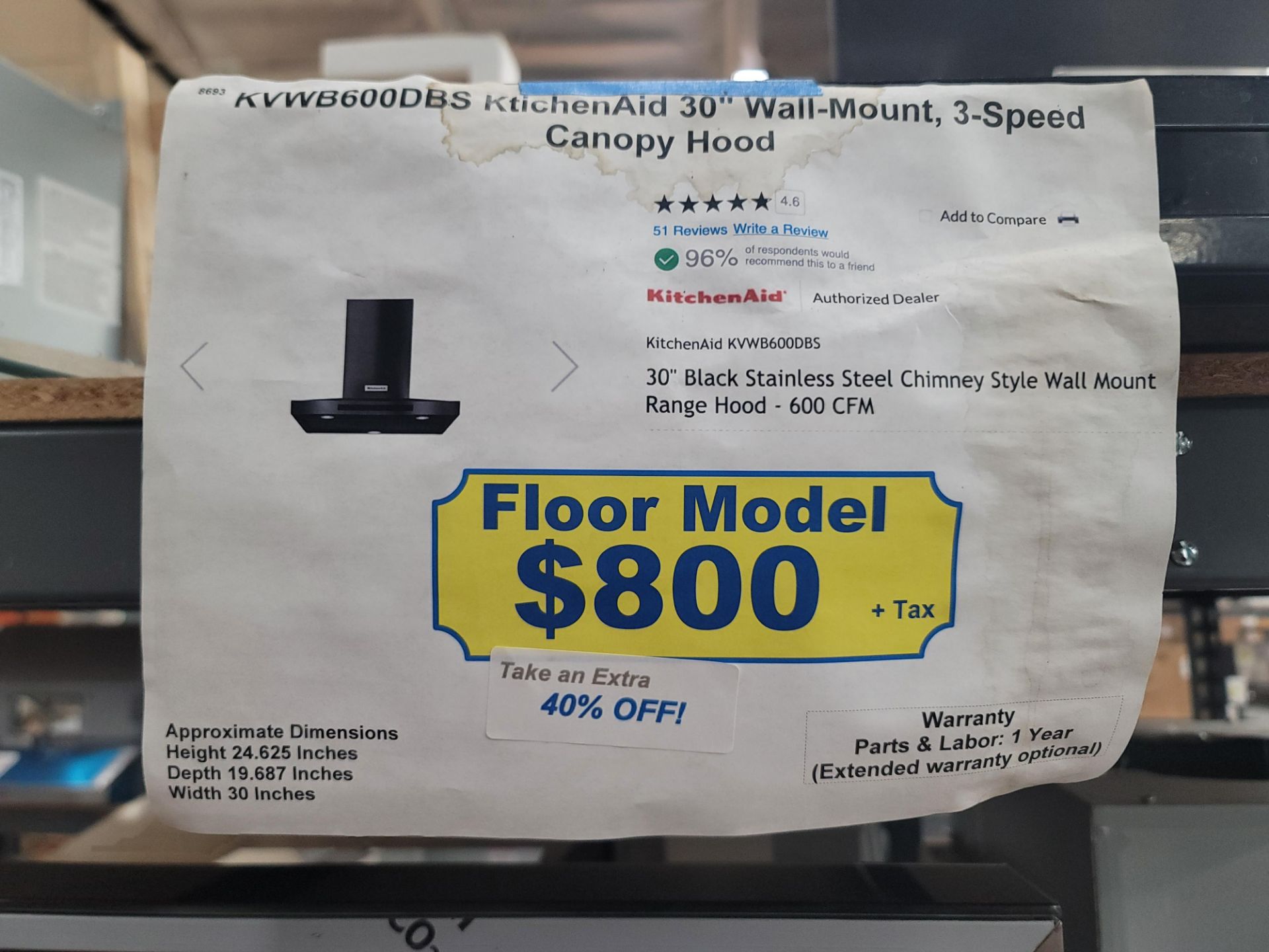 KITCHENAID 30" WALL MOUNT 3-SPEED CANOPY RANGE HOOD IN BLACK STAINLESS STEEL, MODEL KVWB600DBS - Image 2 of 2