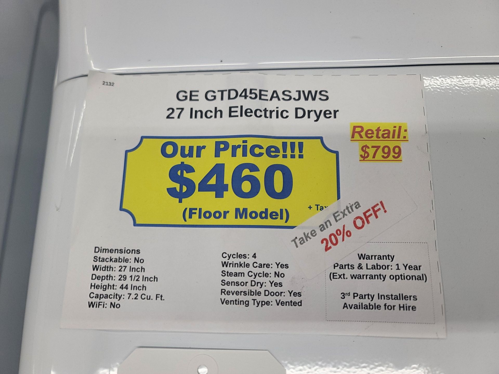 GE 27" ELECTRIC DRYER IN WHITE, 7.2 CU. FT. CAPACITY, MODEL GTD45EASJWS - Image 3 of 3