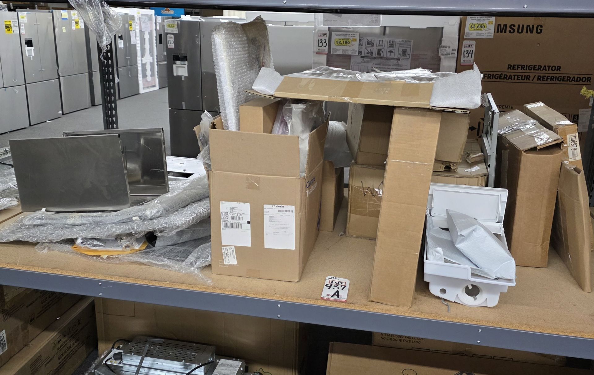 LOT - CONTENTS OF (1) 8' X 4' SHELF, TO INCLUDE APPLIANCE REPLACEMENT PARTS