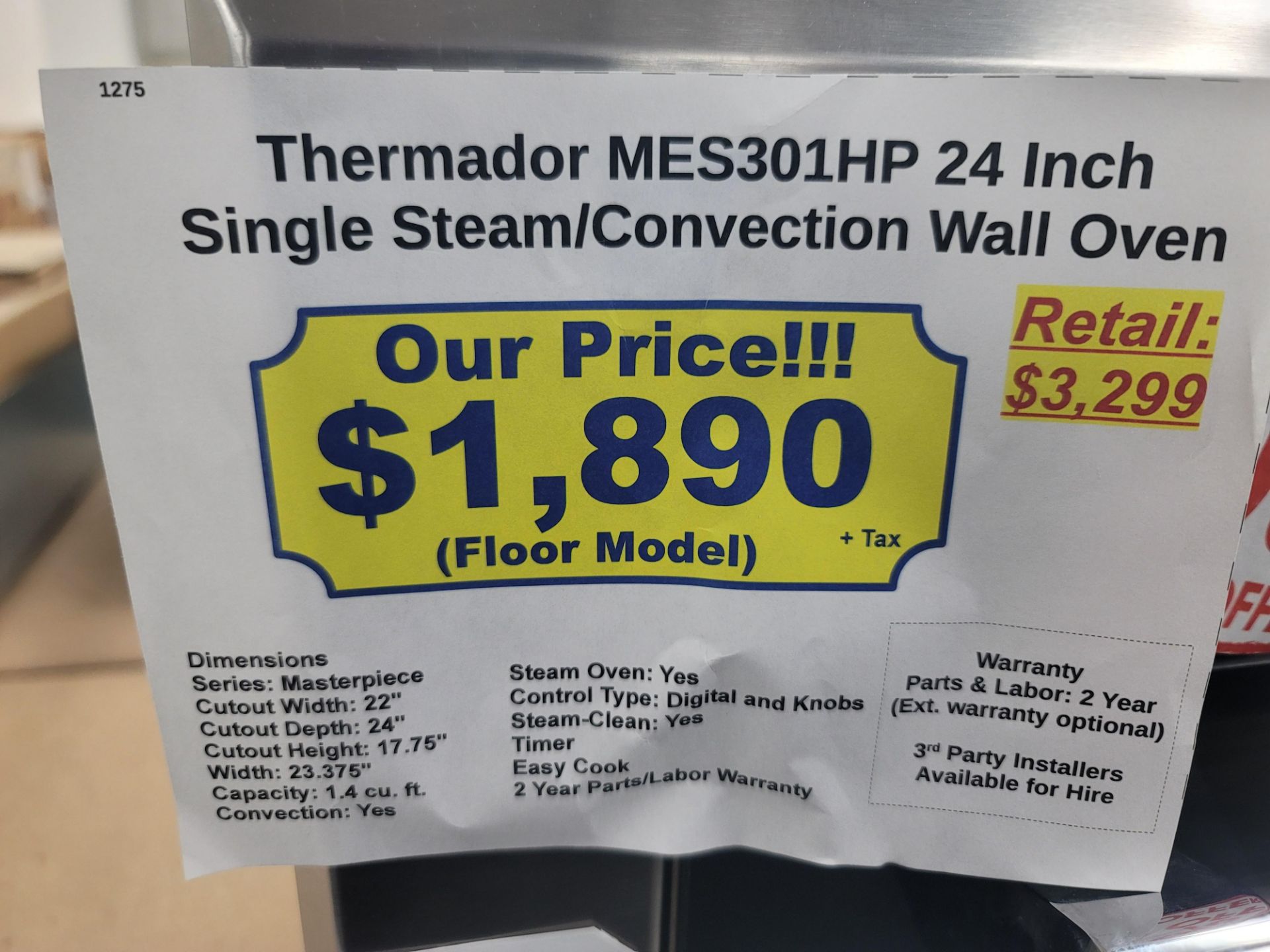 THERMADOR 24" SINGLE STEAM/CONVECTION WALL OVEN W/ 1.4 CU. FT. CAPACITY IN STAINLESS STEEL, MODEL - Image 4 of 4