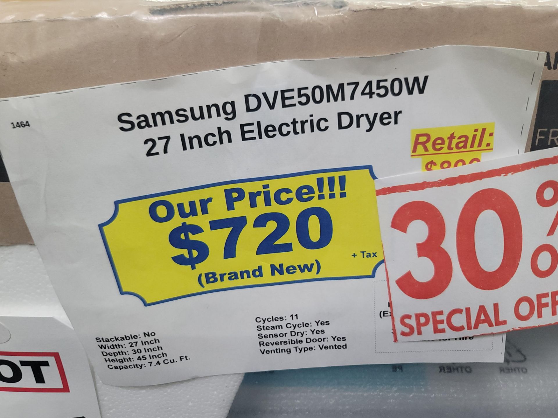 SAMSUNG 27" ELECTRIC DRYER IN WHITE, 7.4 CU. FT. CAPACITY, MODEL DVE50M7450W, IN ORIGINAL PACKAGING - Image 3 of 3