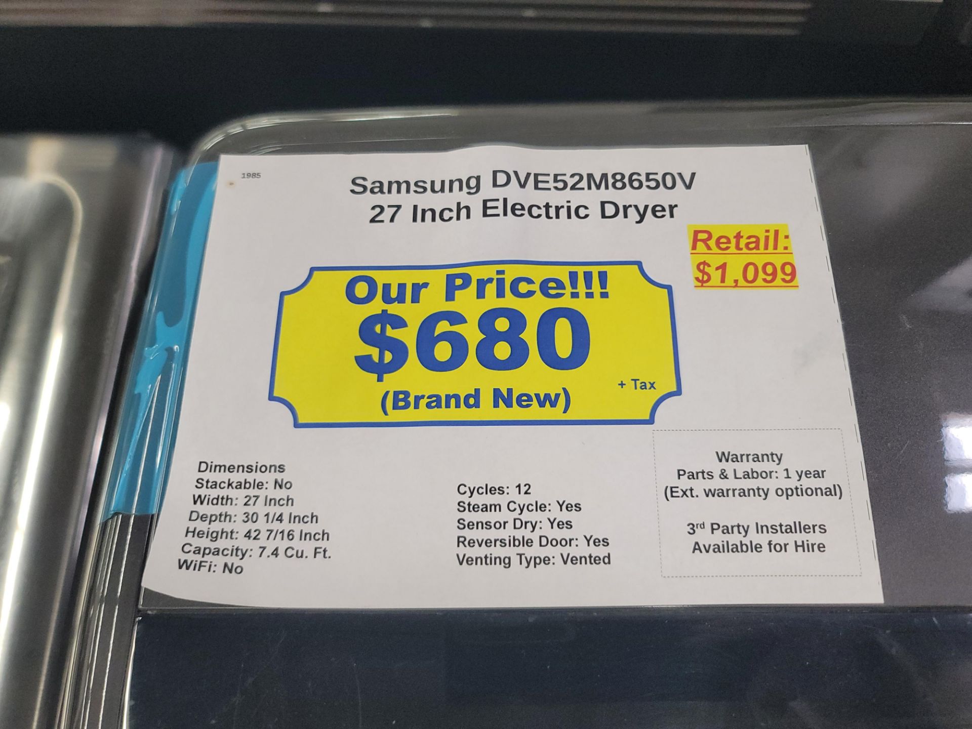 SAMSUNG 27" ELECTRIC DRYER IN BLACK, 7.4 CU. FT. CAPACITY, MODEL DVE52M8650V - Image 3 of 3