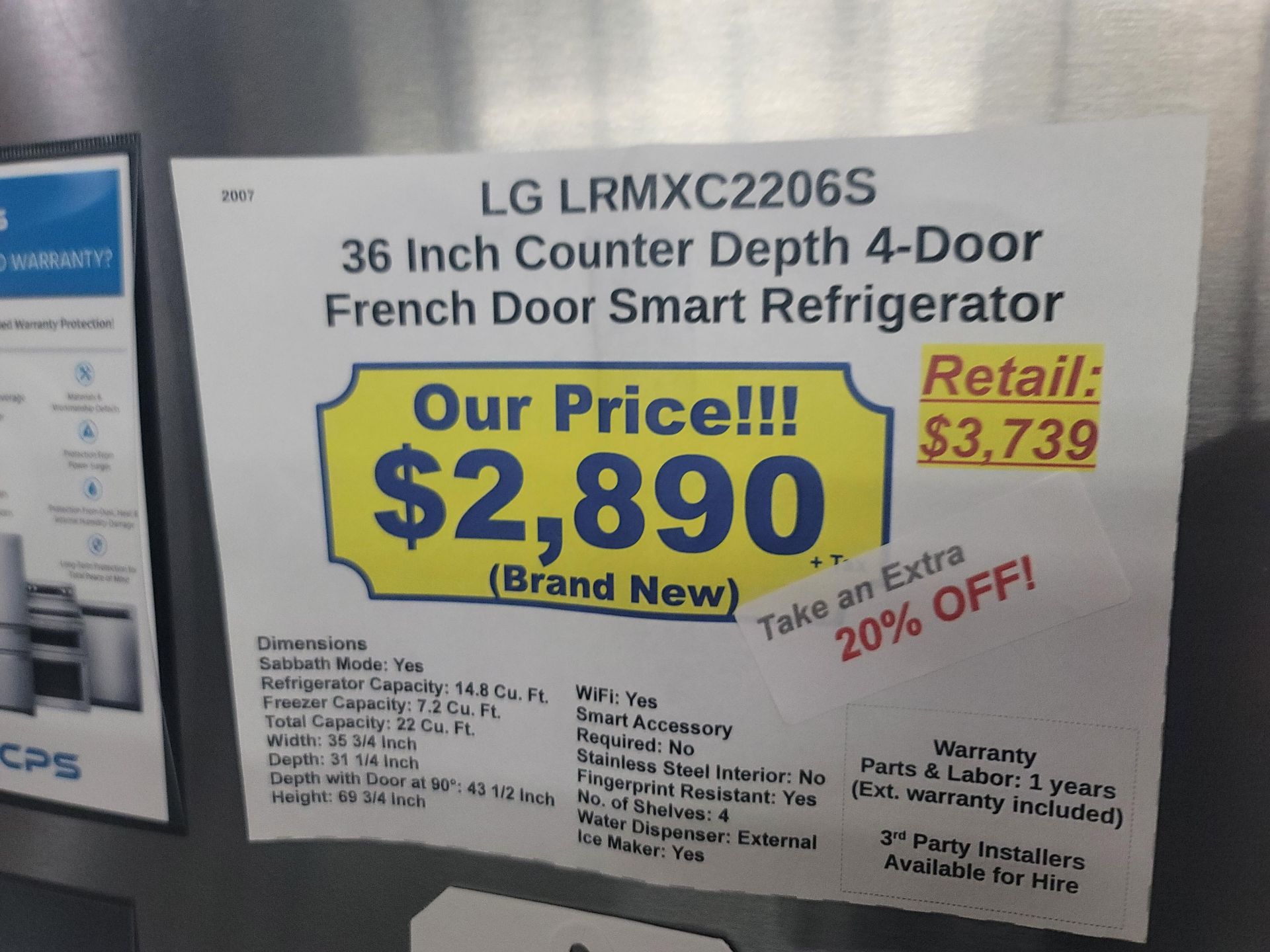 LG 36" SMART COUNTER DEPTH 4-DOOR FRENCH DOOR 14.8 CU. FT. REFRIGERATOR / 7.2 CU. FT. FREEZER / 22 - Image 7 of 7